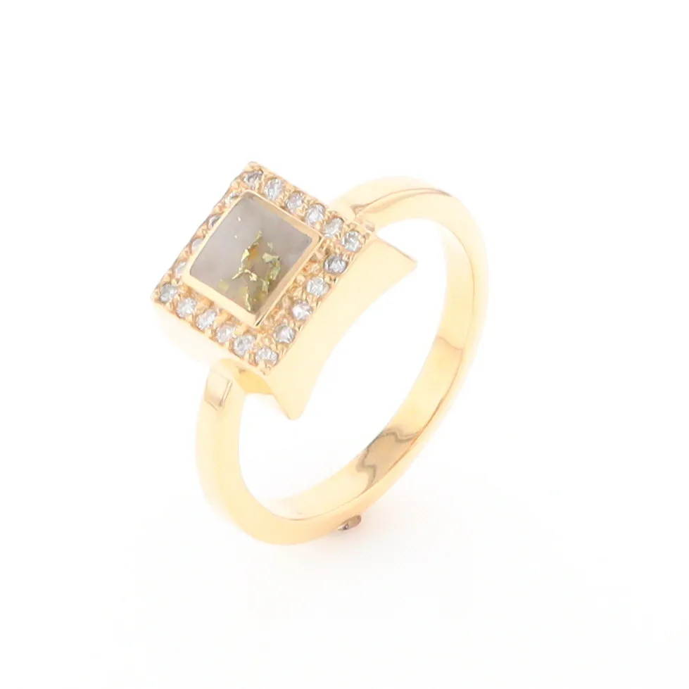 Gold Quartz Ring Square Inlaid Halo .14ctw Diamonds Design