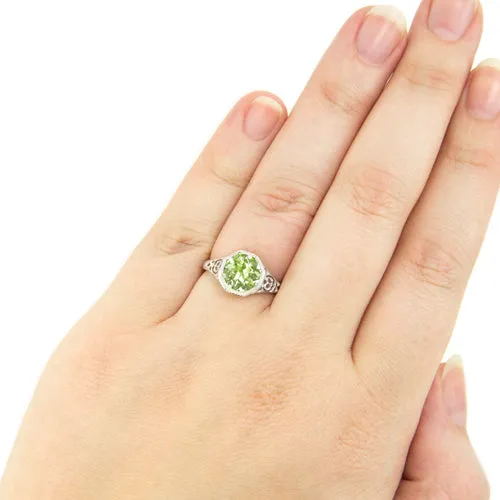 GREEN AMETHYST STERLING SILVER VINTAGE STYLE SOLITAIRE RING ART DECO FILIGREE