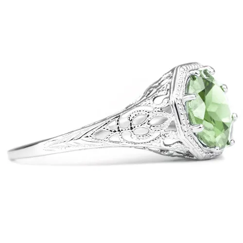 GREEN AMETHYST STERLING SILVER VINTAGE STYLE SOLITAIRE RING ART DECO FILIGREE