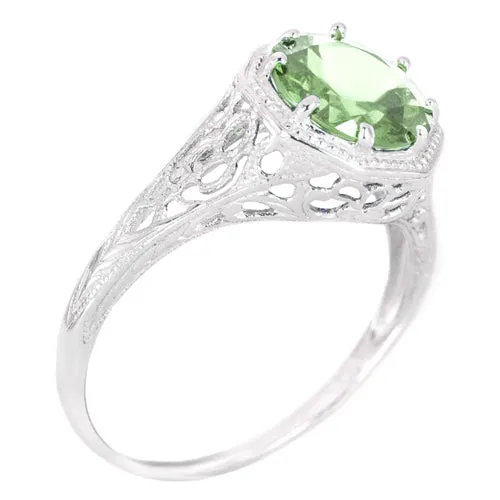 GREEN AMETHYST STERLING SILVER VINTAGE STYLE SOLITAIRE RING ART DECO FILIGREE