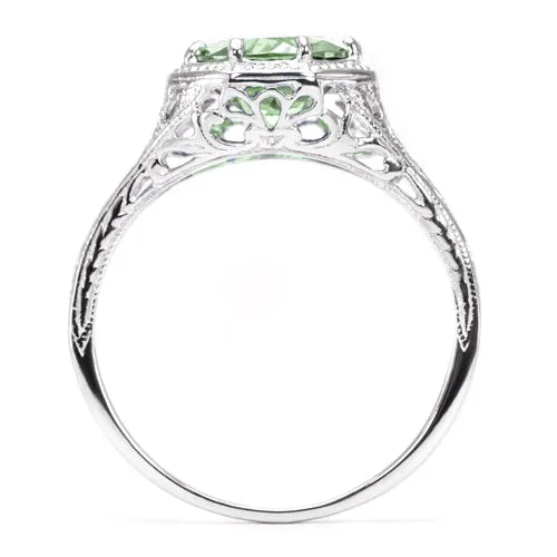 GREEN AMETHYST STERLING SILVER VINTAGE STYLE SOLITAIRE RING ART DECO FILIGREE