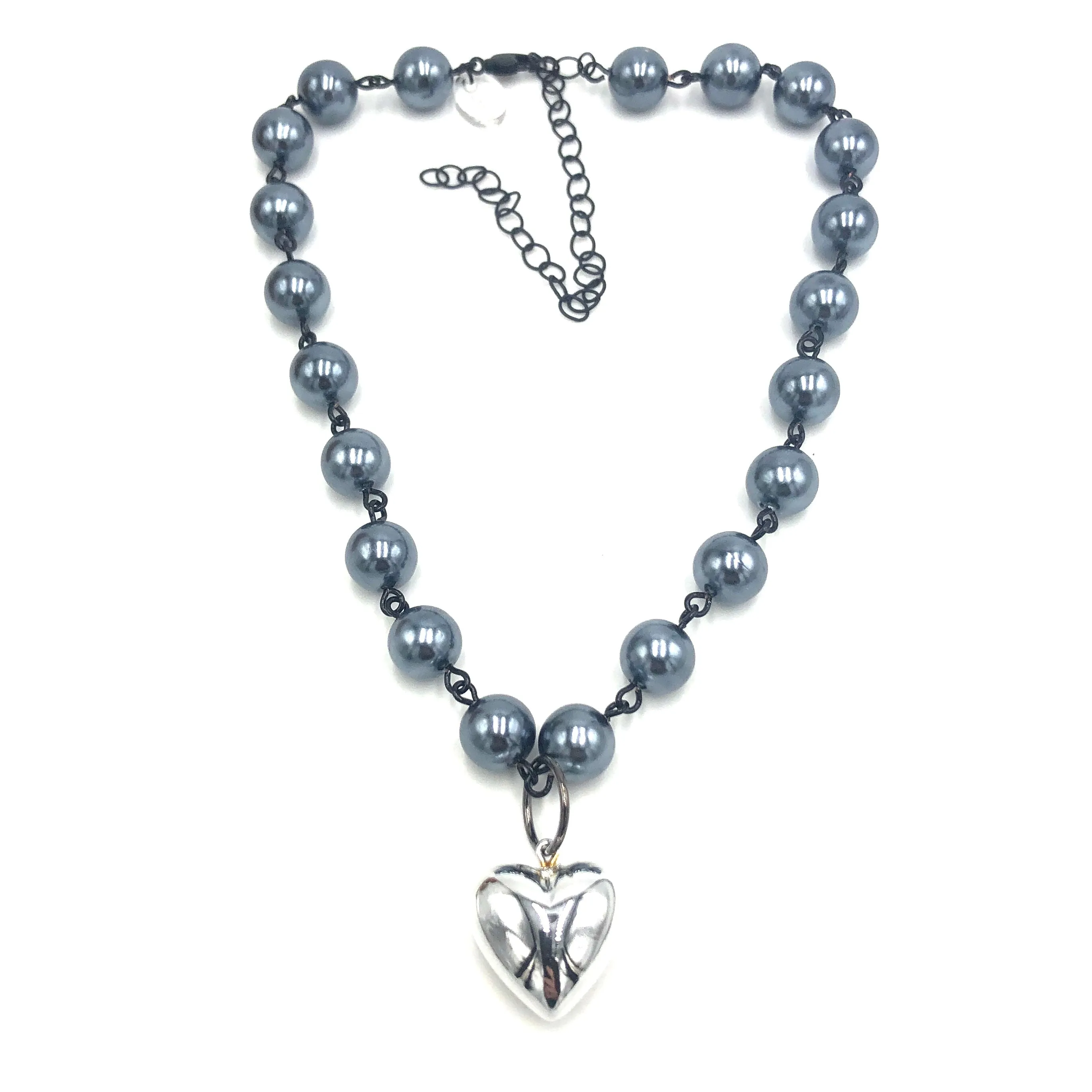 Grey Luster & Silver Heart Necklace