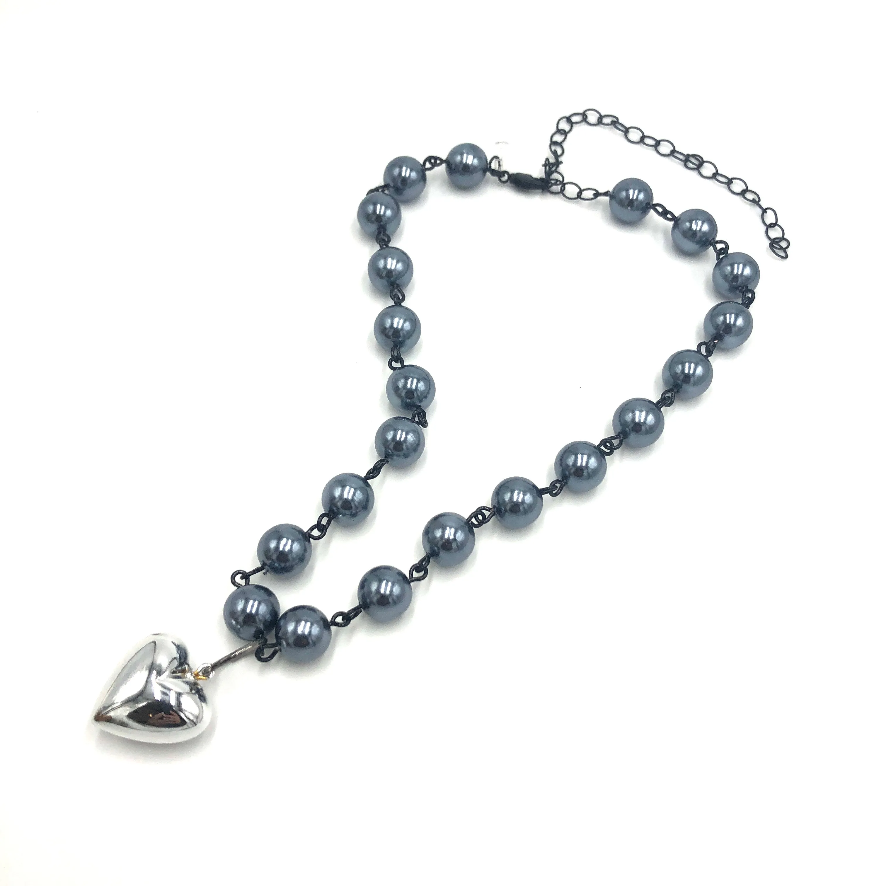Grey Luster & Silver Heart Necklace