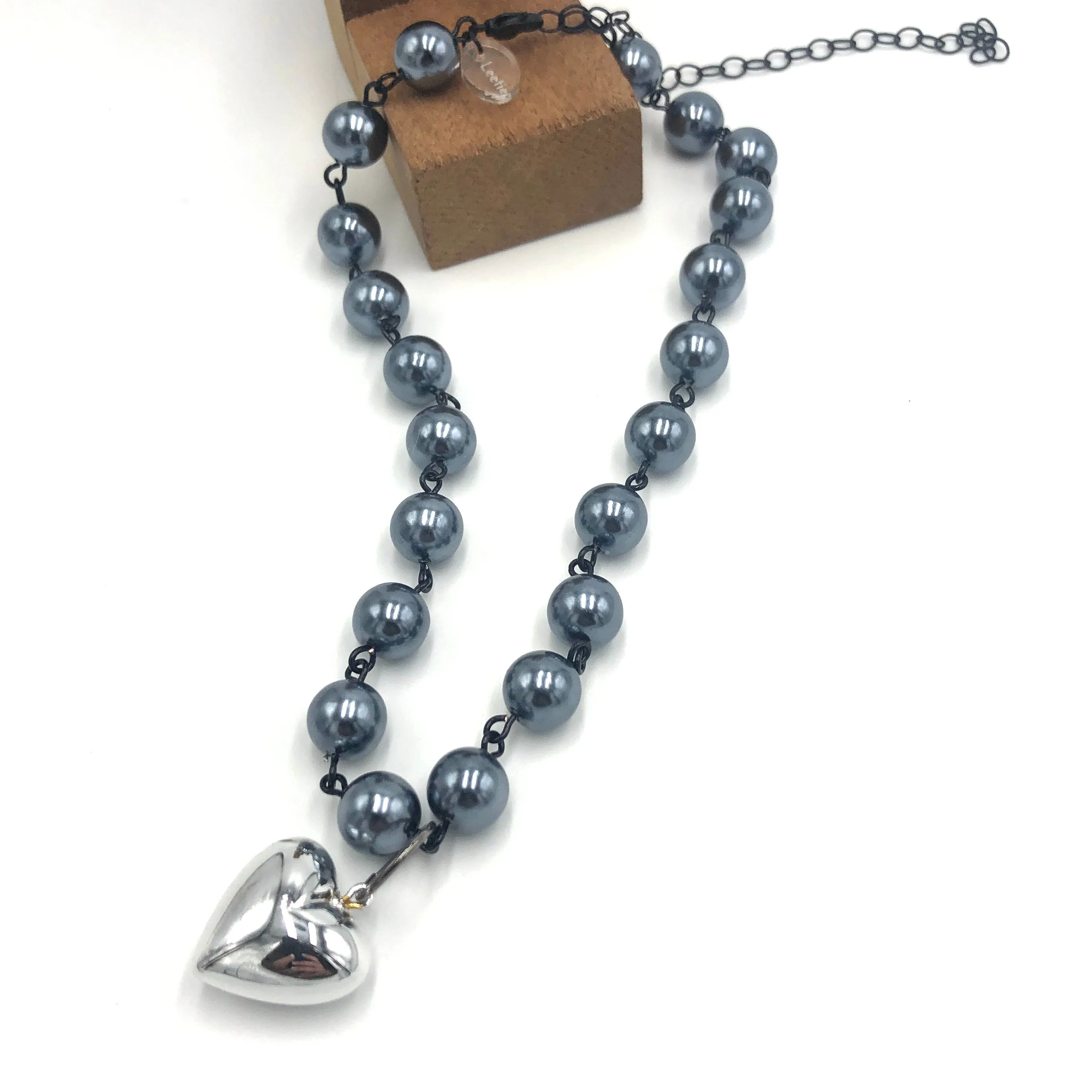 Grey Luster & Silver Heart Necklace