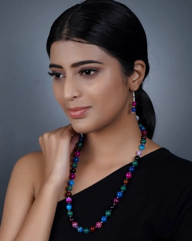 Imeora Knotted Multicolor 10mm Agate Necklace With 8mm Earrings