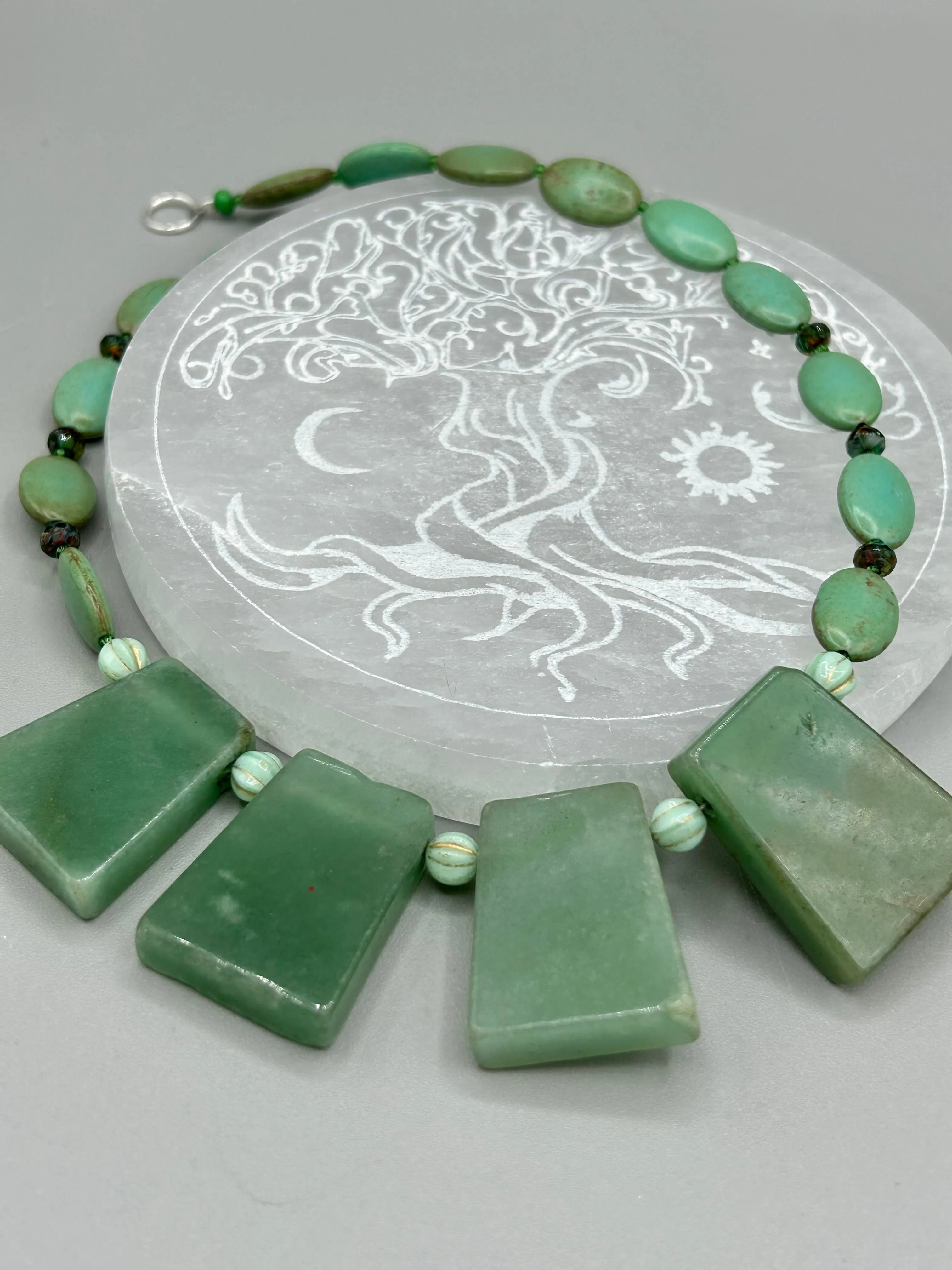 Large Trapezoid Shaped Green Aventurine Stone And Mint Color Melon Beaded Necklace, Hippie Lovers Genuine Stone, Bohemian