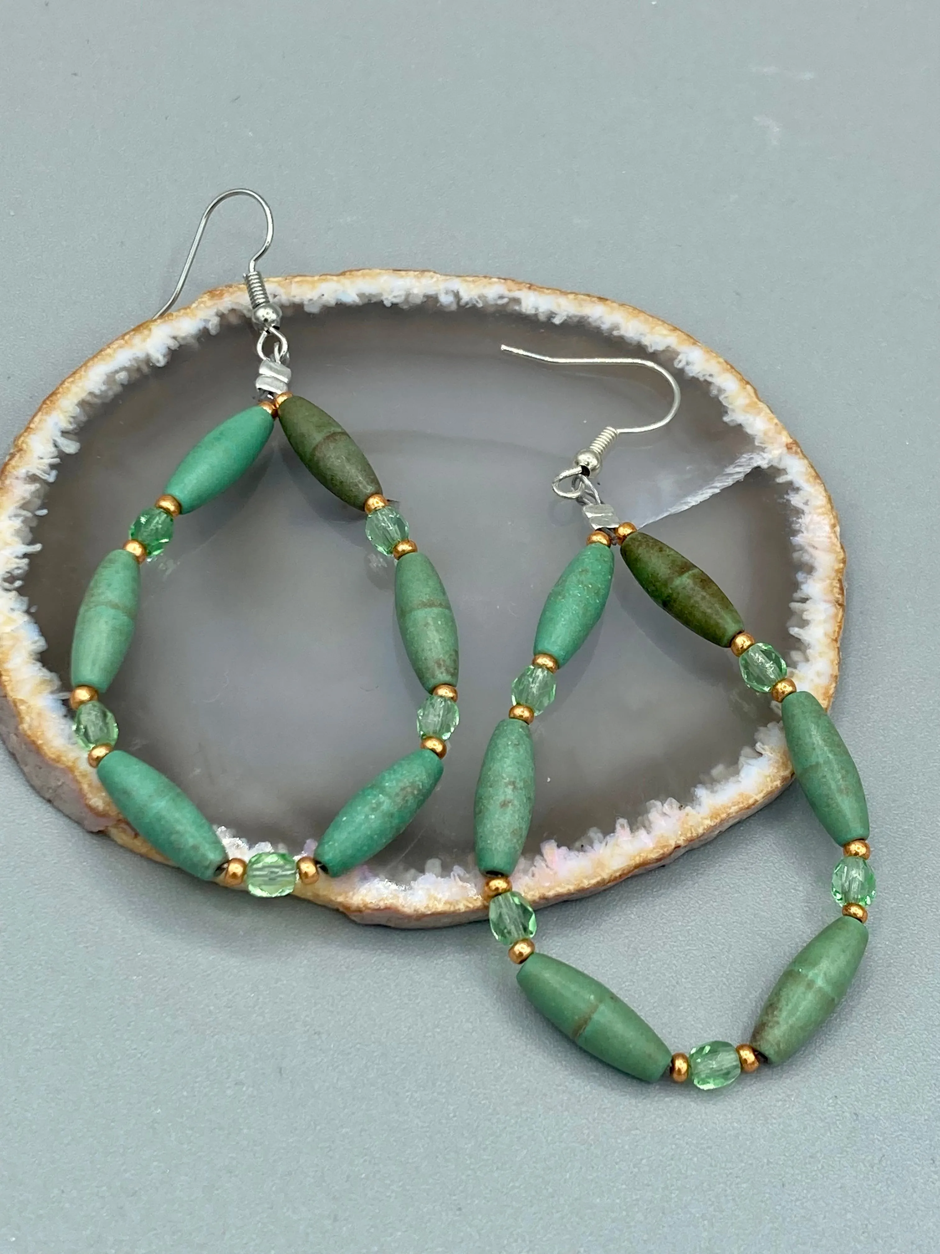 Large Trapezoid Shaped Green Aventurine Stone And Mint Color Melon Beaded Necklace, Hippie Lovers Genuine Stone, Bohemian