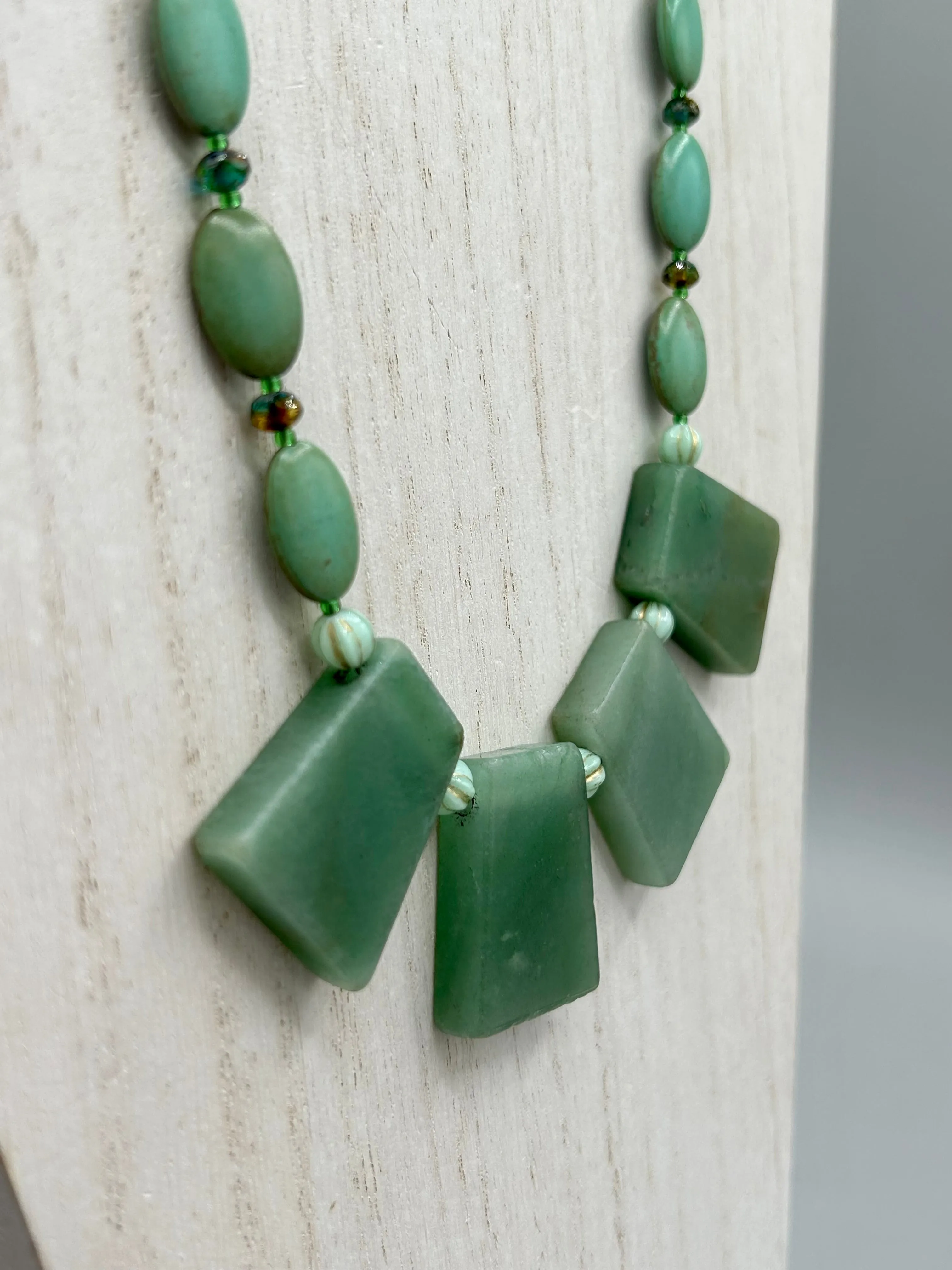 Large Trapezoid Shaped Green Aventurine Stone And Mint Color Melon Beaded Necklace, Hippie Lovers Genuine Stone, Bohemian