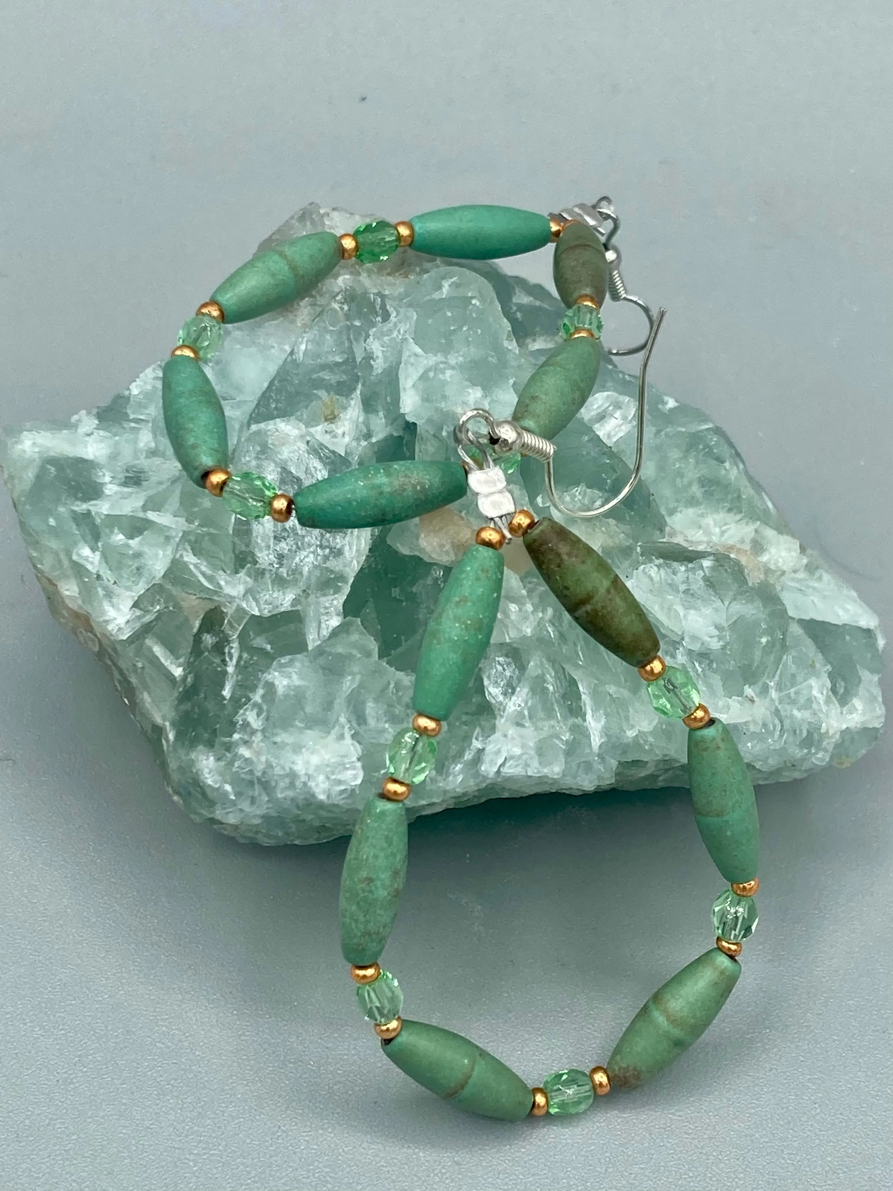 Large Trapezoid Shaped Green Aventurine Stone And Mint Color Melon Beaded Necklace, Hippie Lovers Genuine Stone, Bohemian