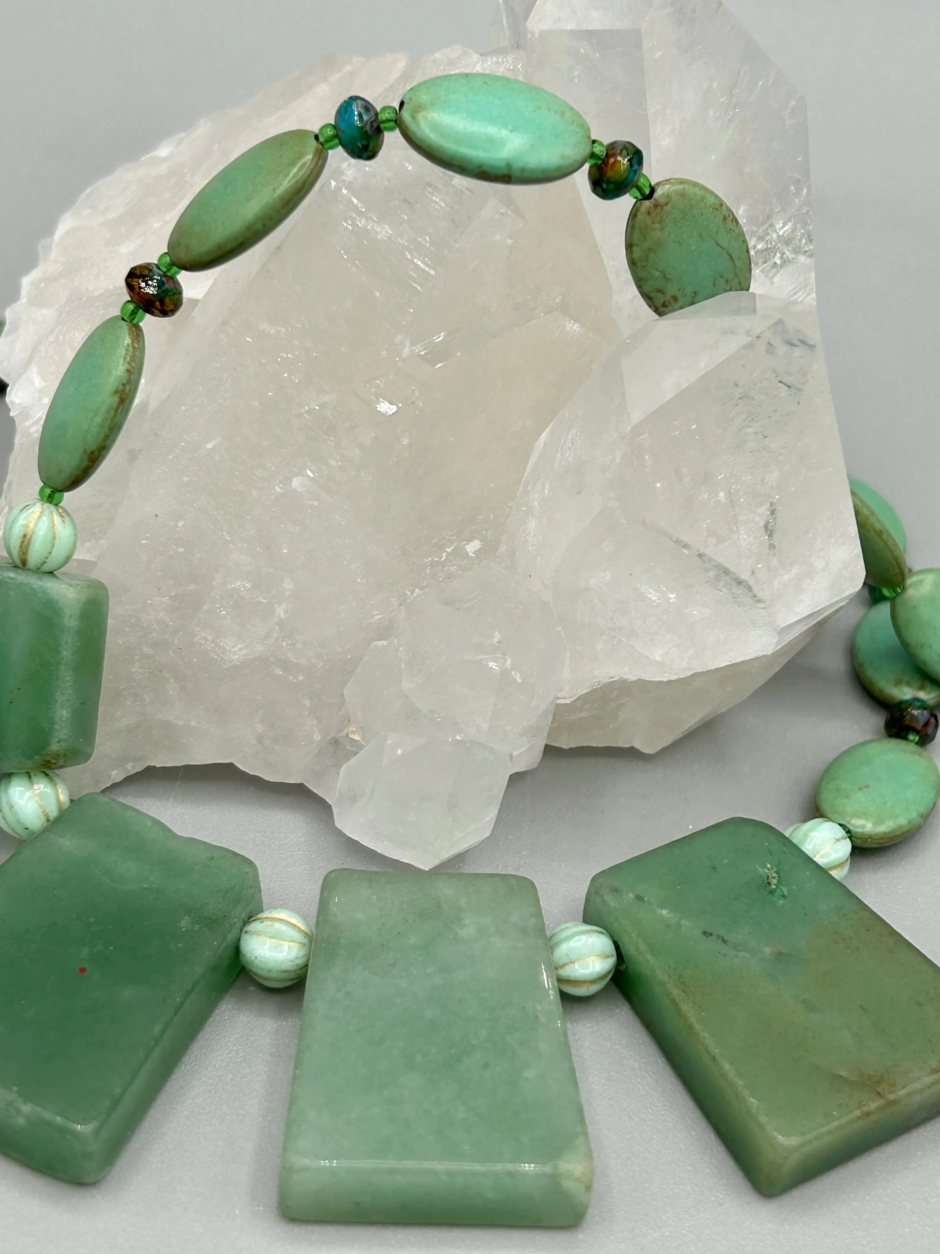 Large Trapezoid Shaped Green Aventurine Stone And Mint Color Melon Beaded Necklace, Hippie Lovers Genuine Stone, Bohemian
