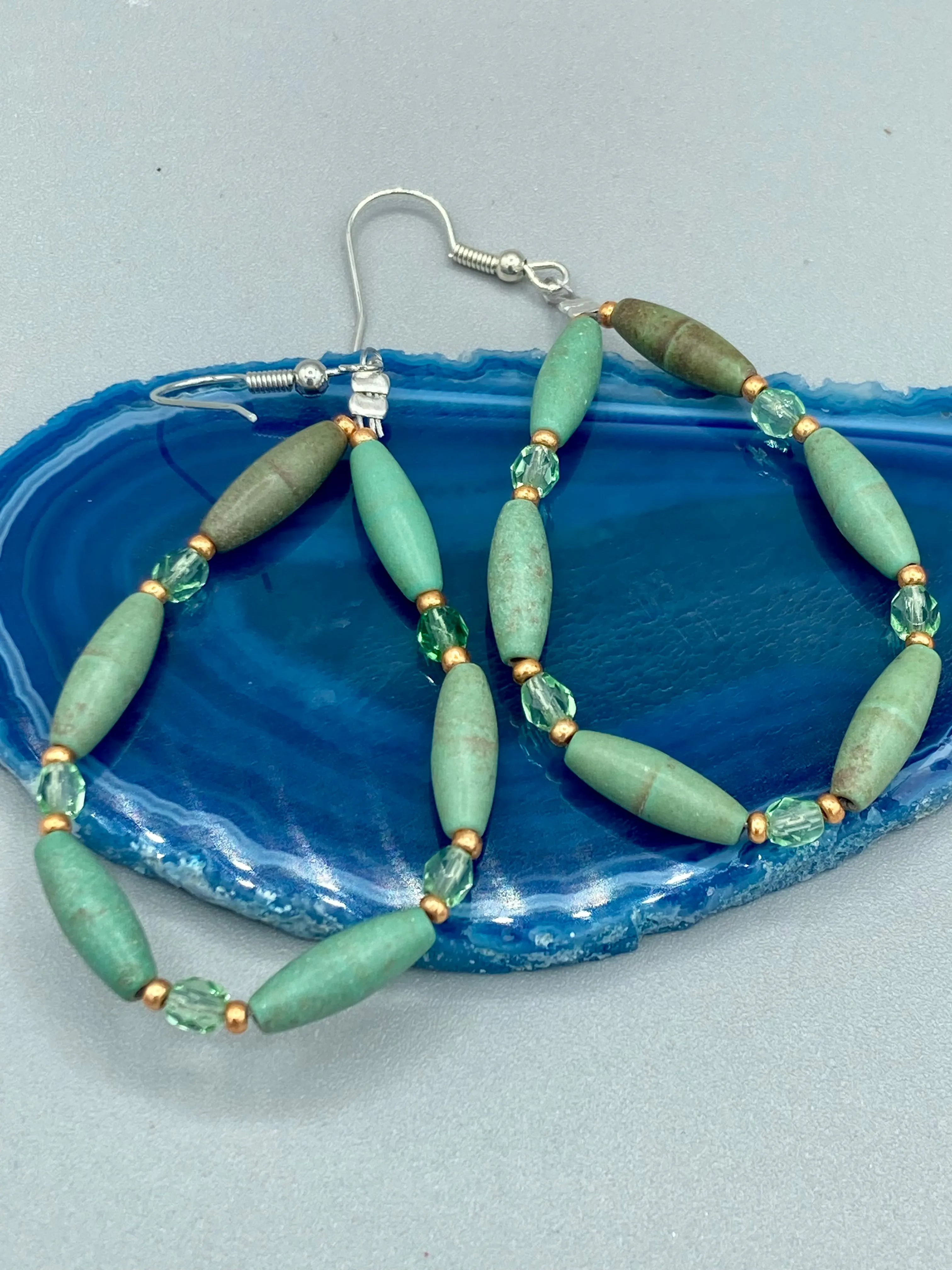Large Trapezoid Shaped Green Aventurine Stone And Mint Color Melon Beaded Necklace, Hippie Lovers Genuine Stone, Bohemian