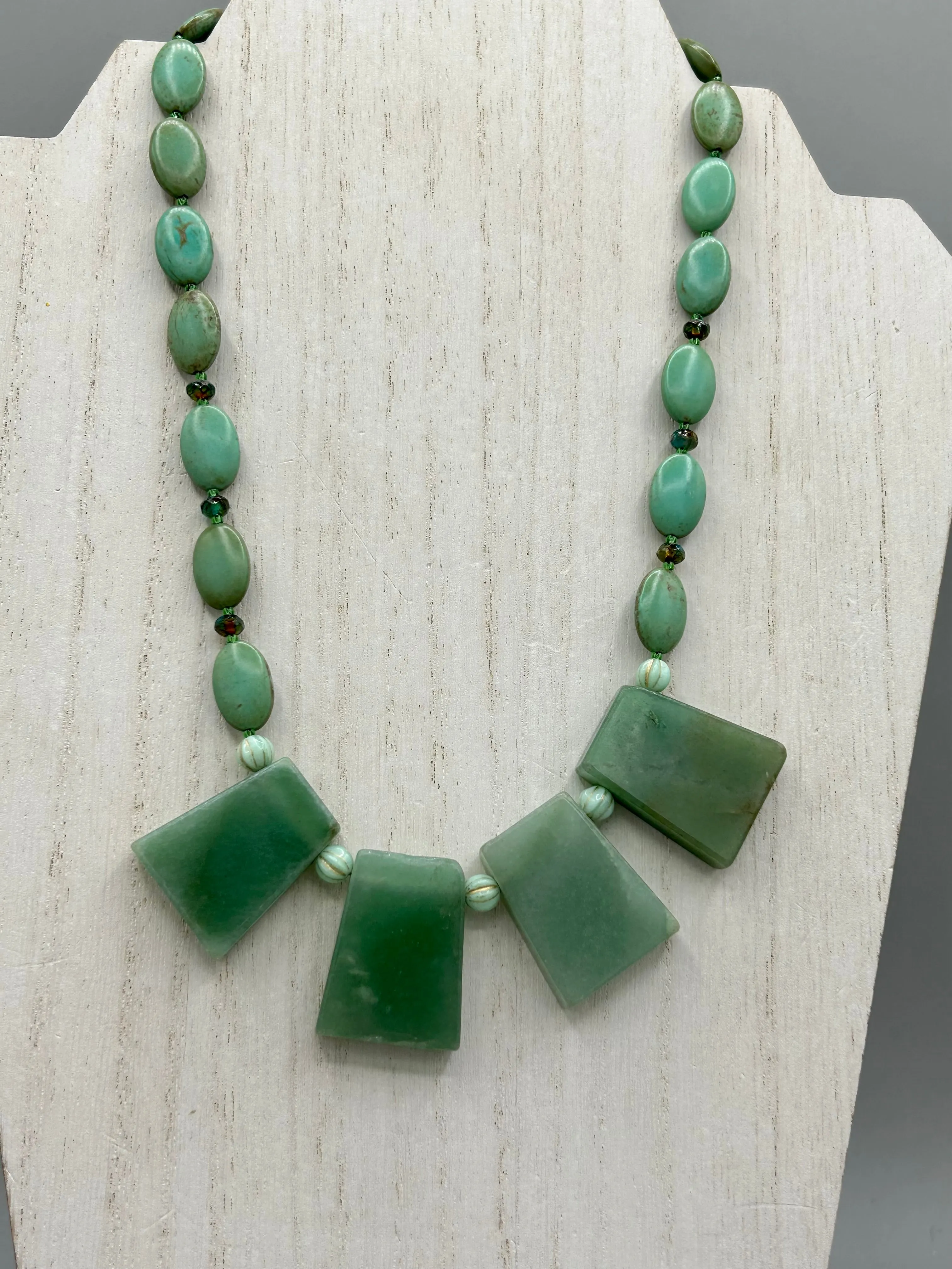 Large Trapezoid Shaped Green Aventurine Stone And Mint Color Melon Beaded Necklace, Hippie Lovers Genuine Stone, Bohemian
