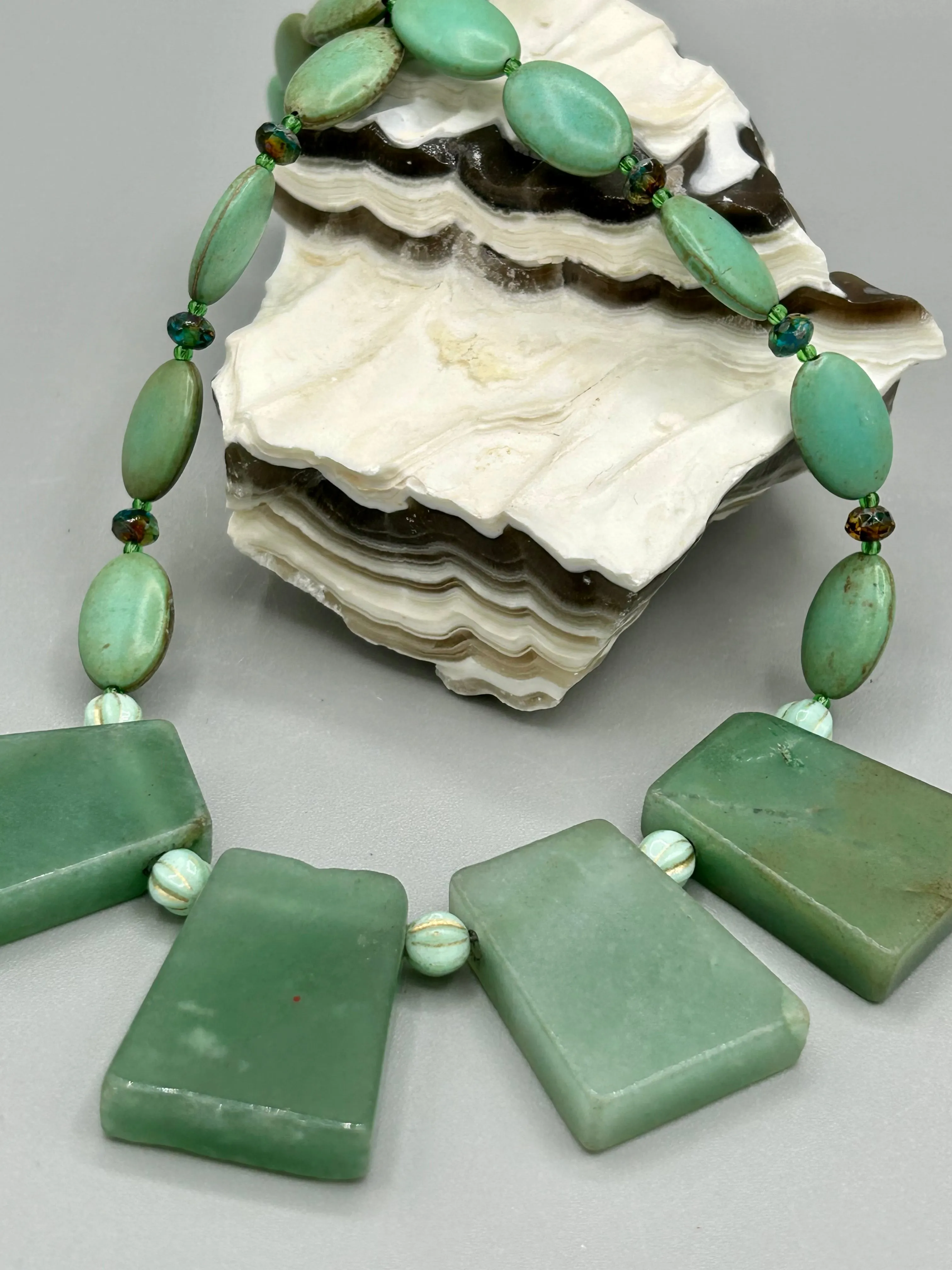 Large Trapezoid Shaped Green Aventurine Stone And Mint Color Melon Beaded Necklace, Hippie Lovers Genuine Stone, Bohemian