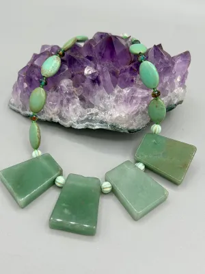 Large Trapezoid Shaped Green Aventurine Stone And Mint Color Melon Beaded Necklace, Hippie Lovers Genuine Stone, Bohemian