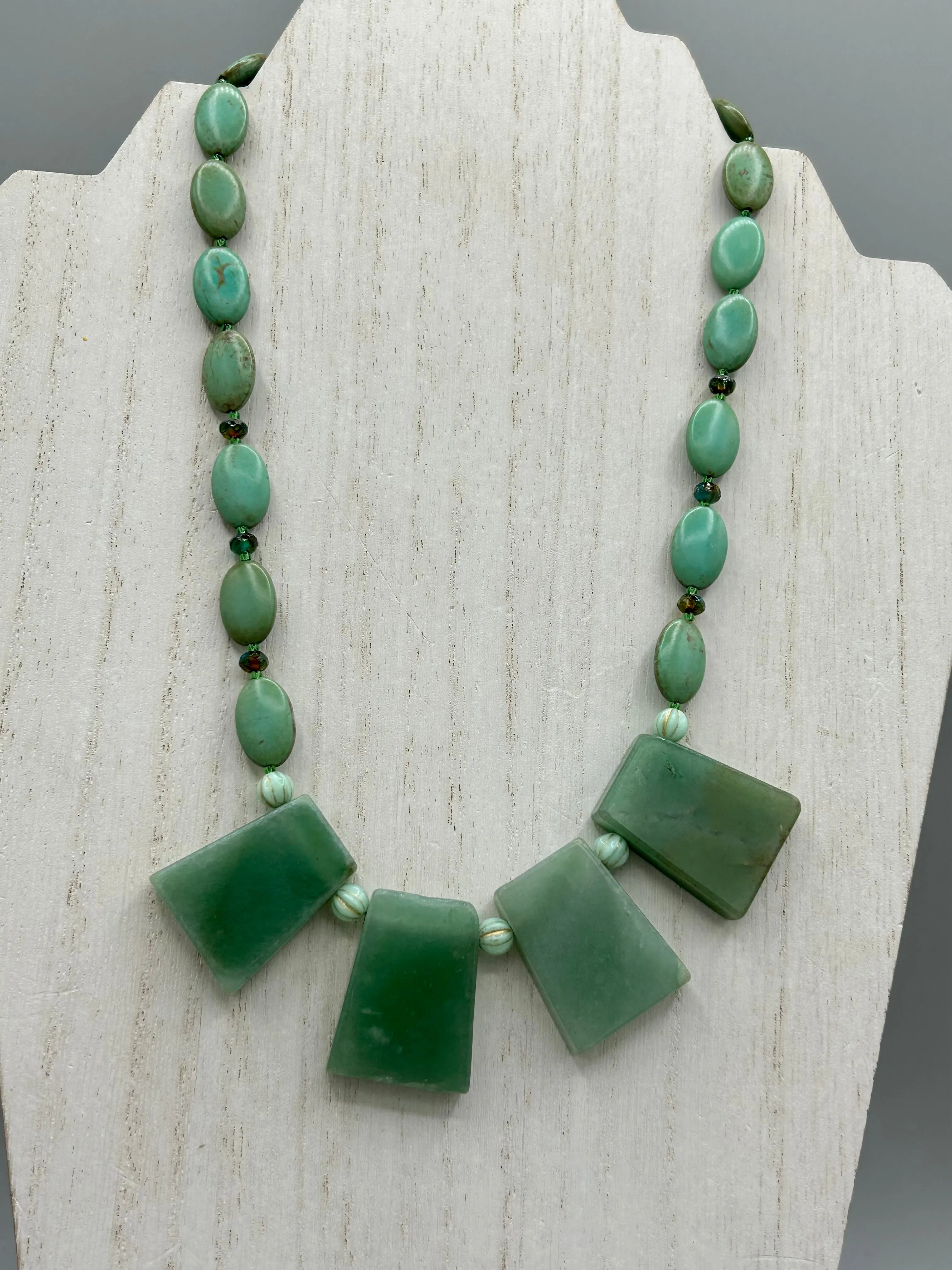 Large Trapezoid Shaped Green Aventurine Stone And Mint Color Melon Beaded Necklace, Hippie Lovers Genuine Stone, Bohemian