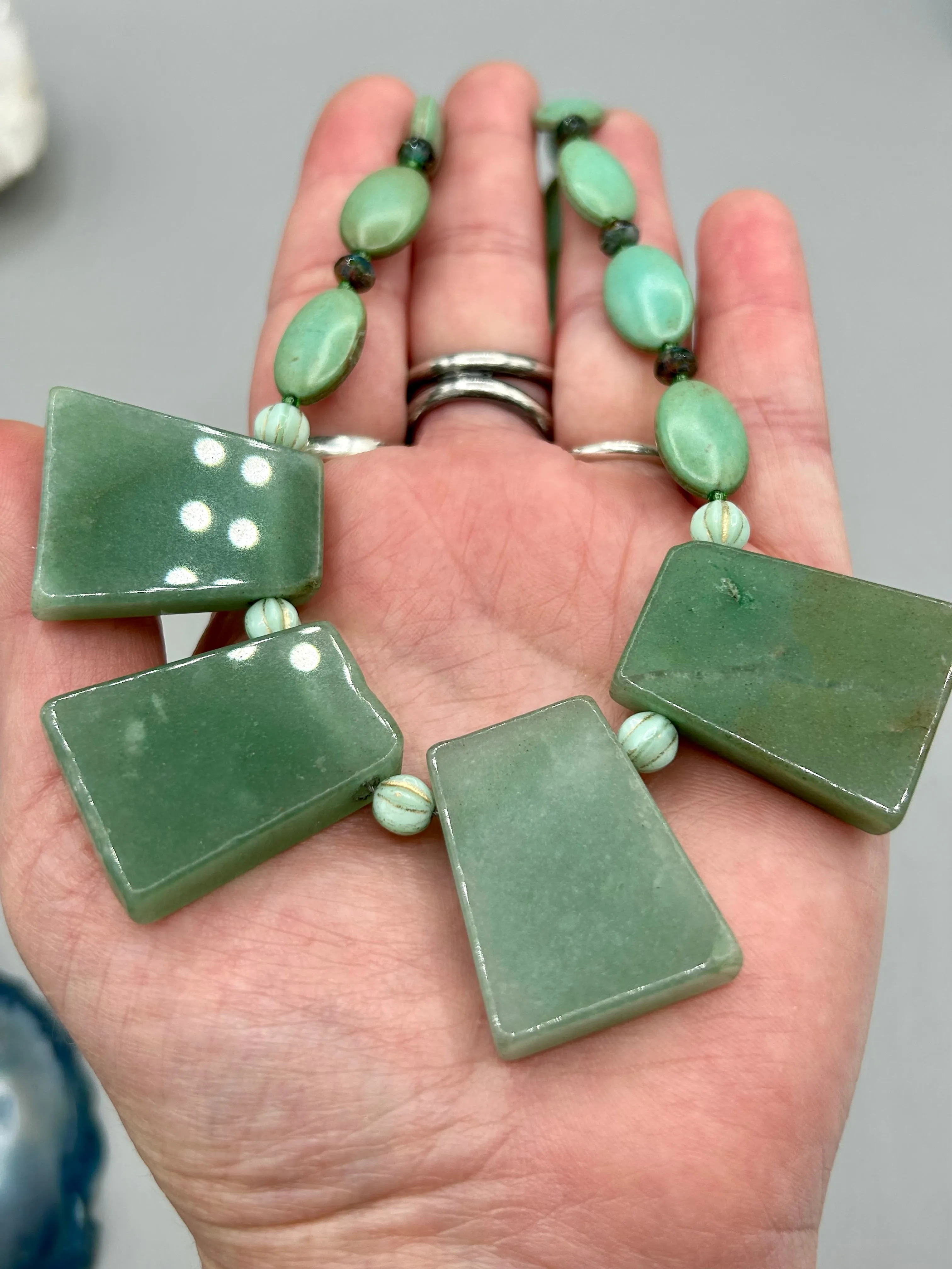 Large Trapezoid Shaped Green Aventurine Stone And Mint Color Melon Beaded Necklace, Hippie Lovers Genuine Stone, Bohemian