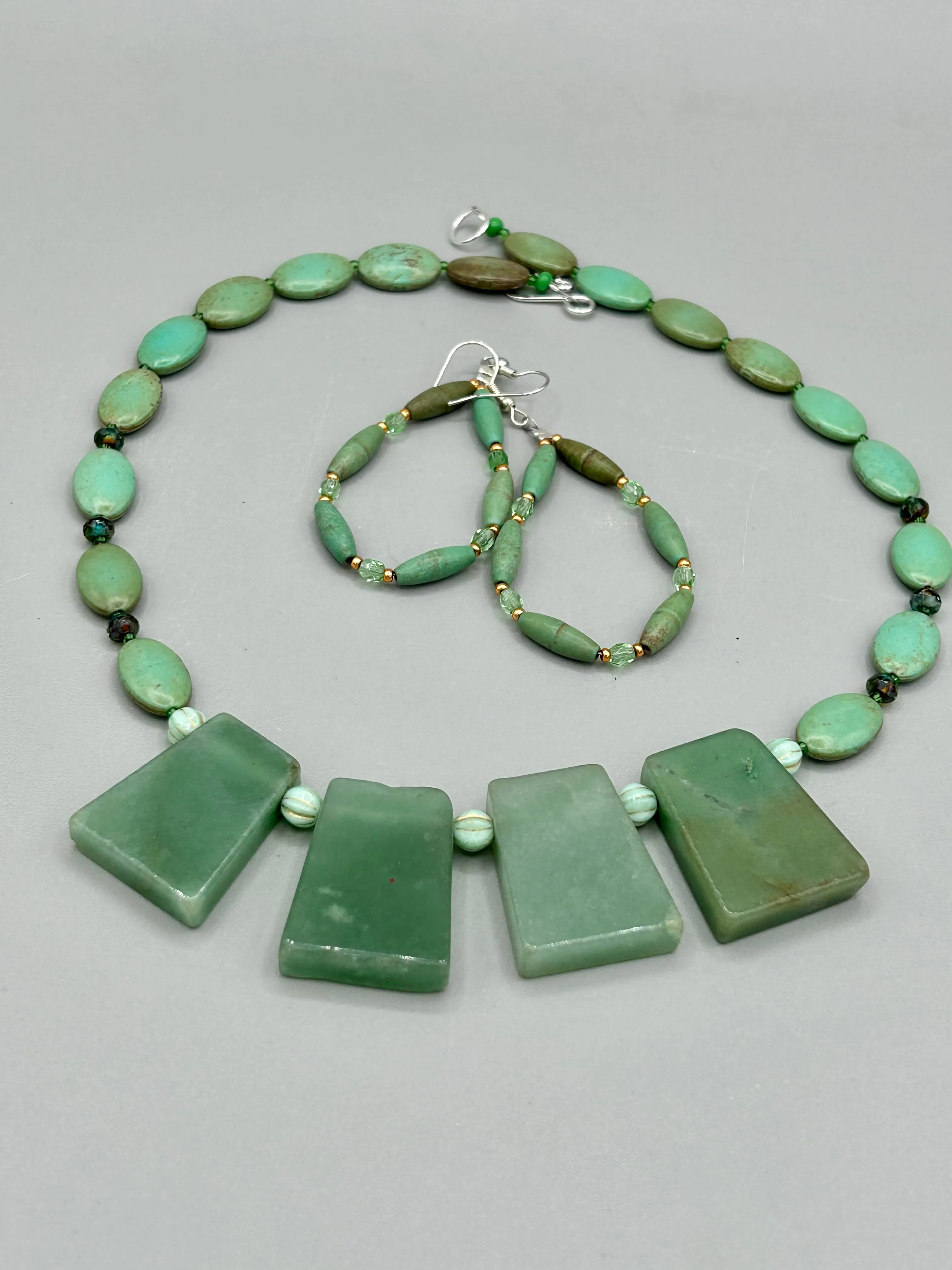Large Trapezoid Shaped Green Aventurine Stone And Mint Color Melon Beaded Necklace, Hippie Lovers Genuine Stone, Bohemian