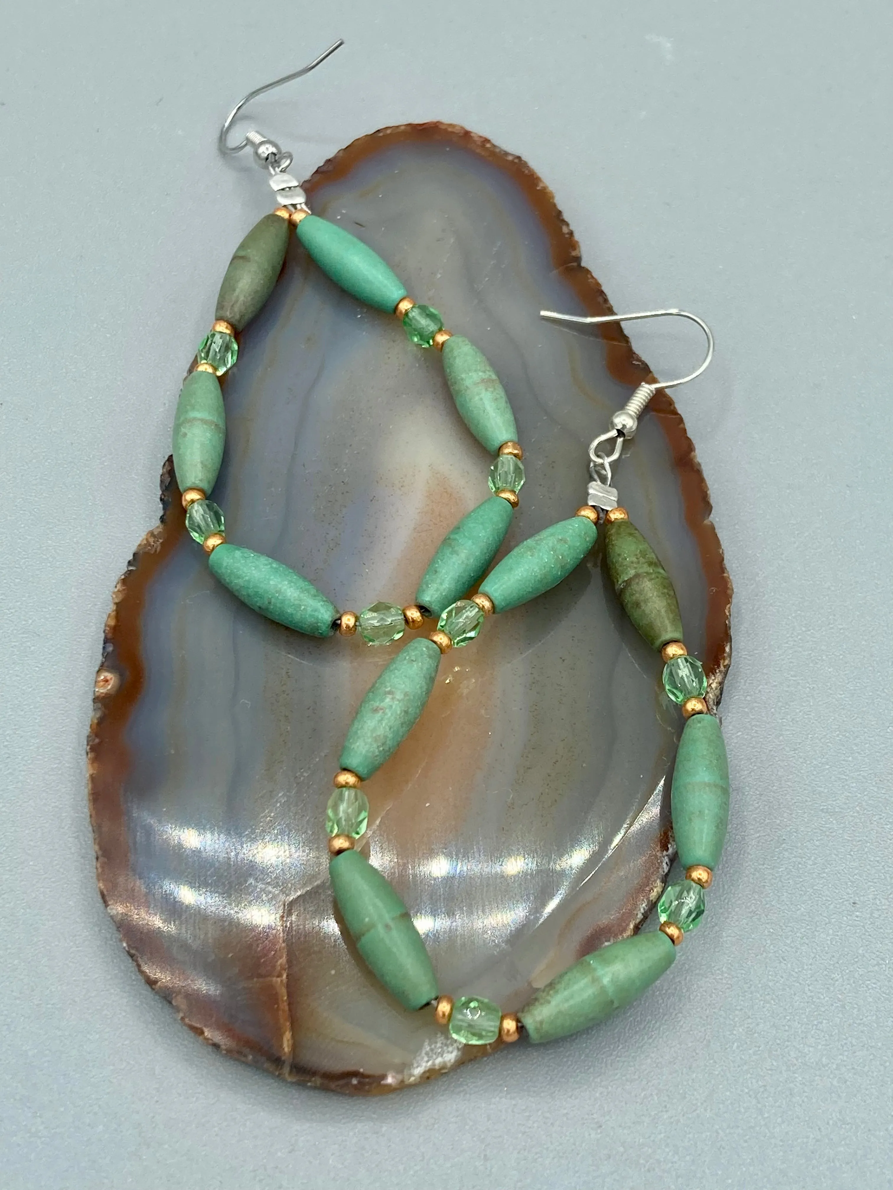 Large Trapezoid Shaped Green Aventurine Stone And Mint Color Melon Beaded Necklace, Hippie Lovers Genuine Stone, Bohemian