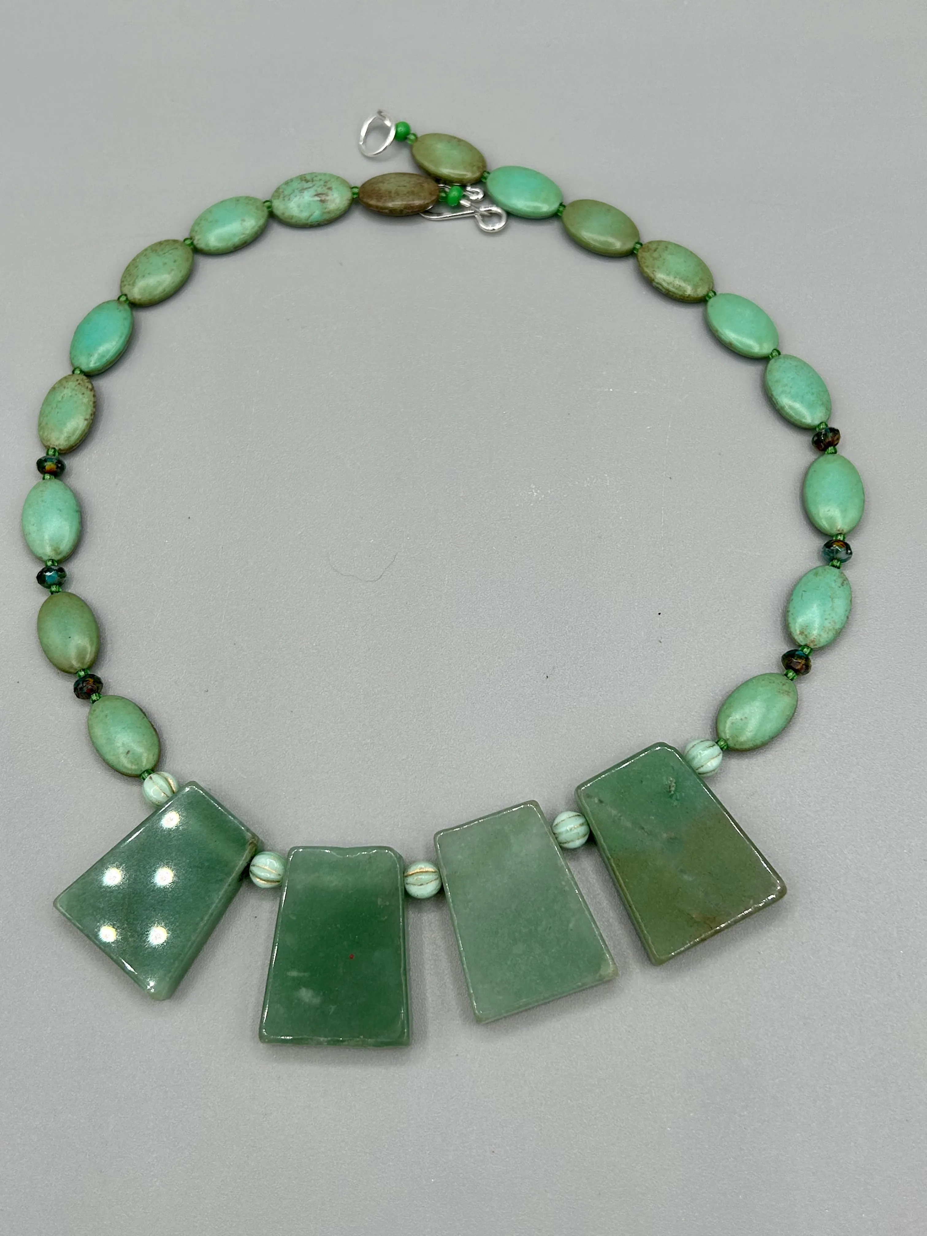 Large Trapezoid Shaped Green Aventurine Stone And Mint Color Melon Beaded Necklace, Hippie Lovers Genuine Stone, Bohemian
