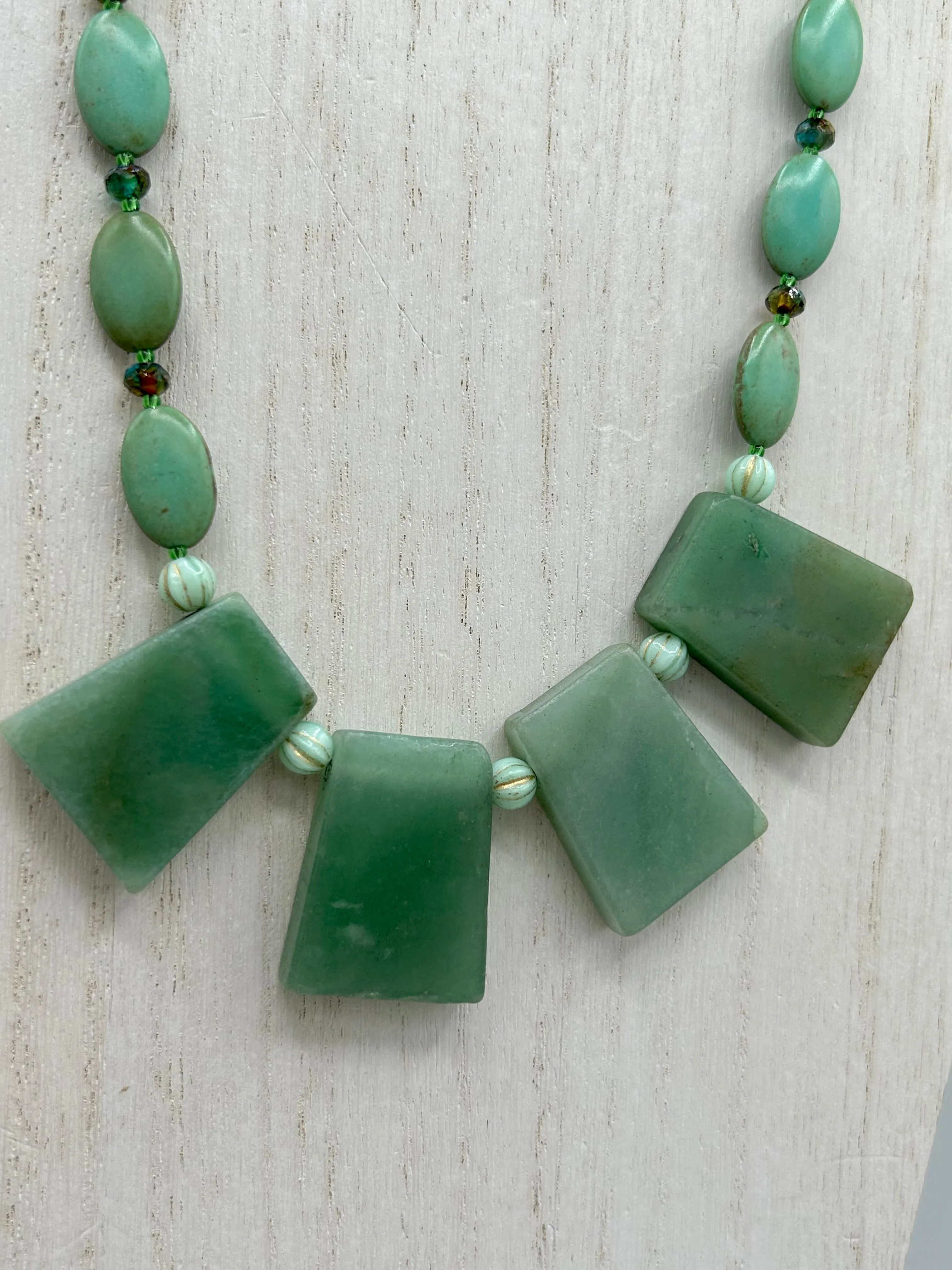 Large Trapezoid Shaped Green Aventurine Stone And Mint Color Melon Beaded Necklace, Hippie Lovers Genuine Stone, Bohemian