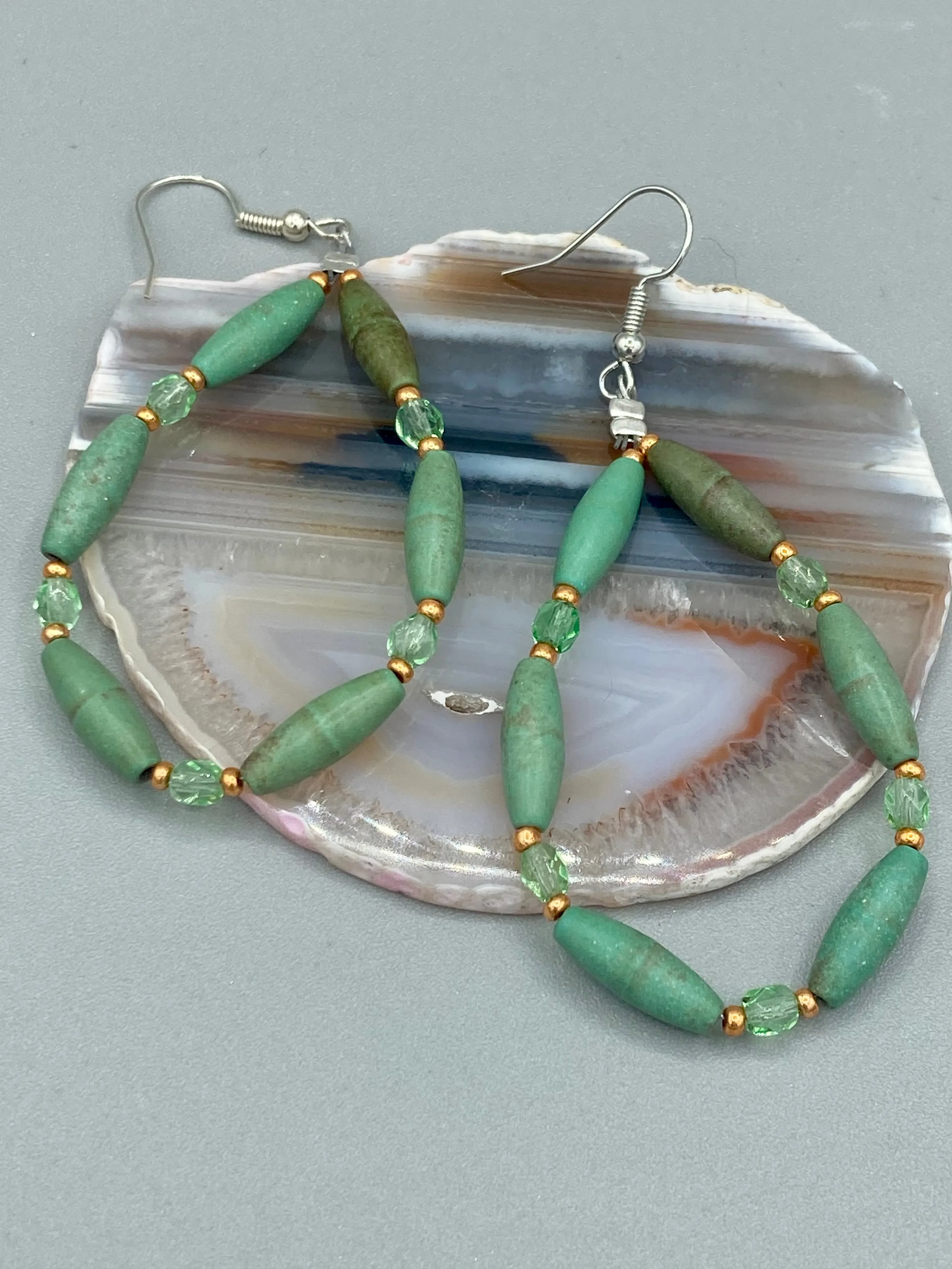 Large Trapezoid Shaped Green Aventurine Stone And Mint Color Melon Beaded Necklace, Hippie Lovers Genuine Stone, Bohemian