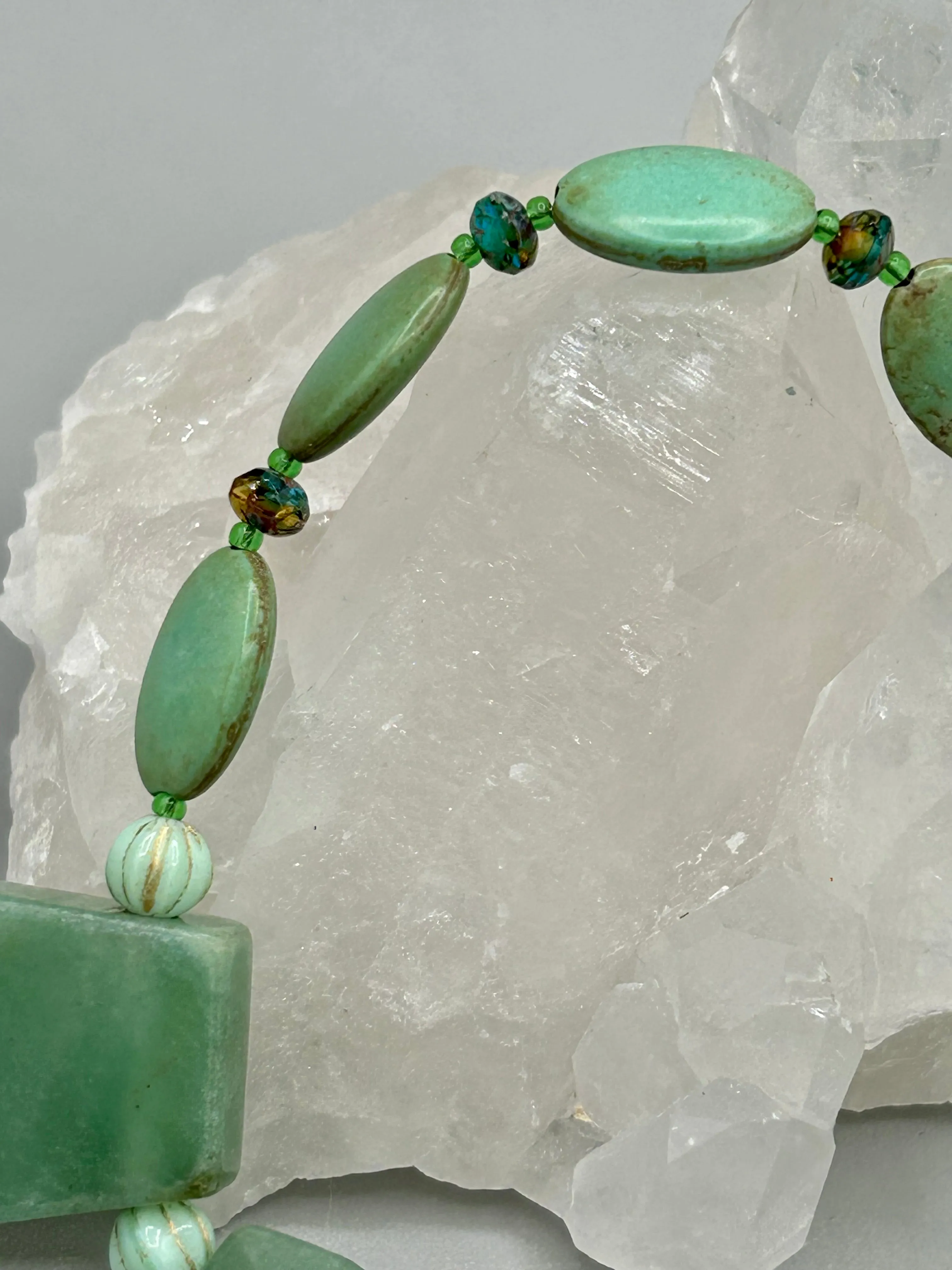 Large Trapezoid Shaped Green Aventurine Stone And Mint Color Melon Beaded Necklace, Hippie Lovers Genuine Stone, Bohemian