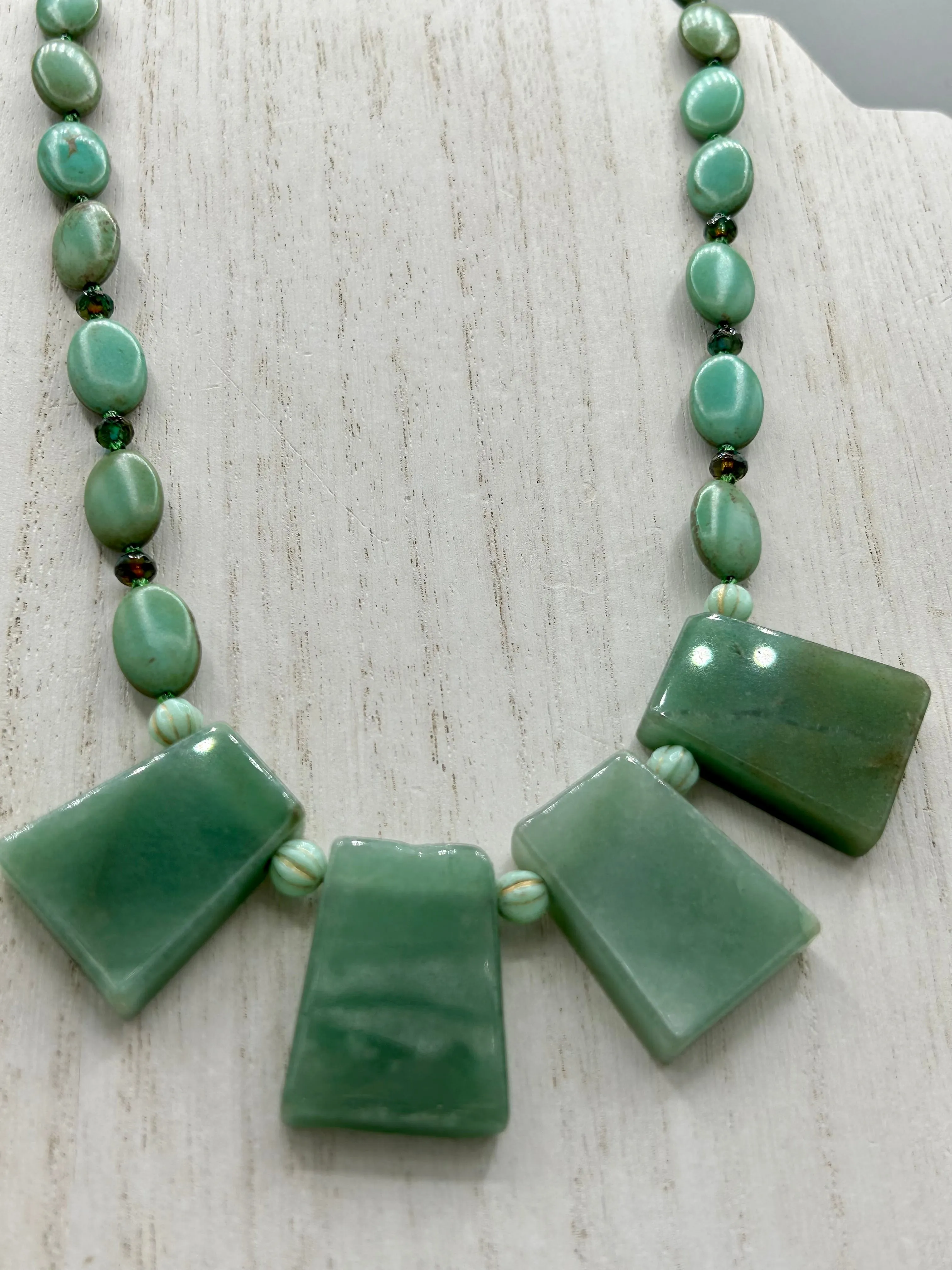 Large Trapezoid Shaped Green Aventurine Stone And Mint Color Melon Beaded Necklace, Hippie Lovers Genuine Stone, Bohemian