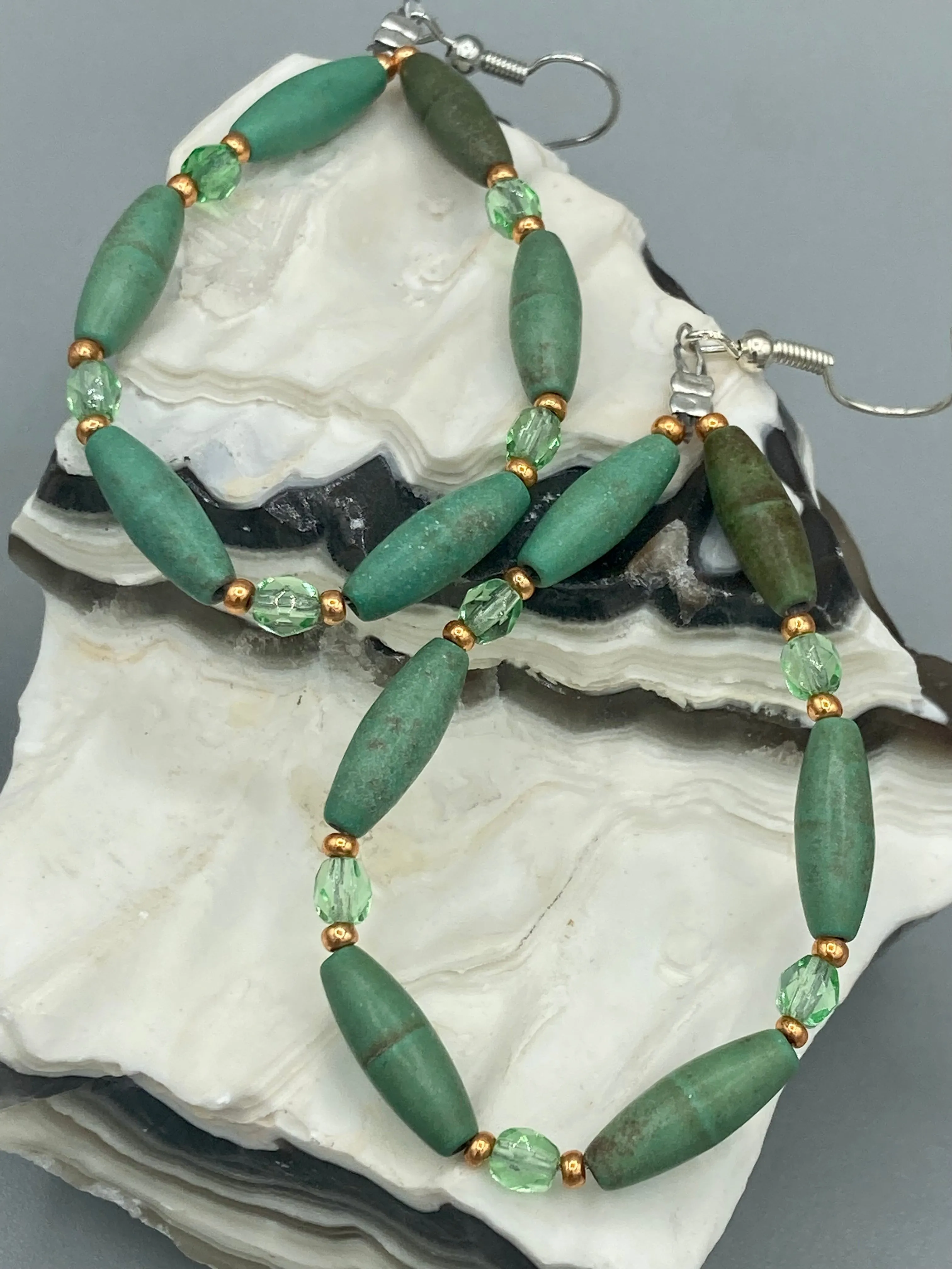 Large Trapezoid Shaped Green Aventurine Stone And Mint Color Melon Beaded Necklace, Hippie Lovers Genuine Stone, Bohemian