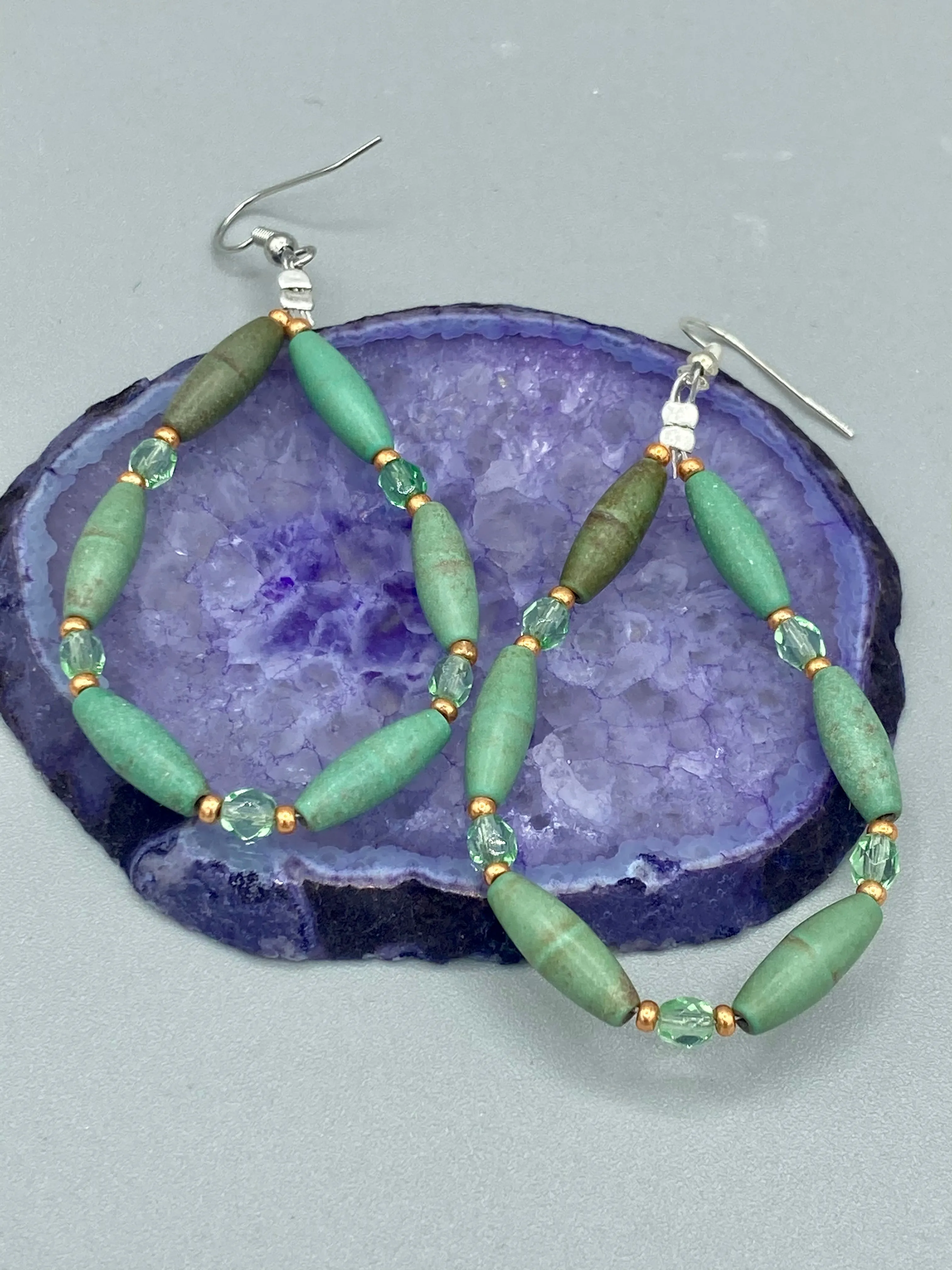 Large Trapezoid Shaped Green Aventurine Stone And Mint Color Melon Beaded Necklace, Hippie Lovers Genuine Stone, Bohemian