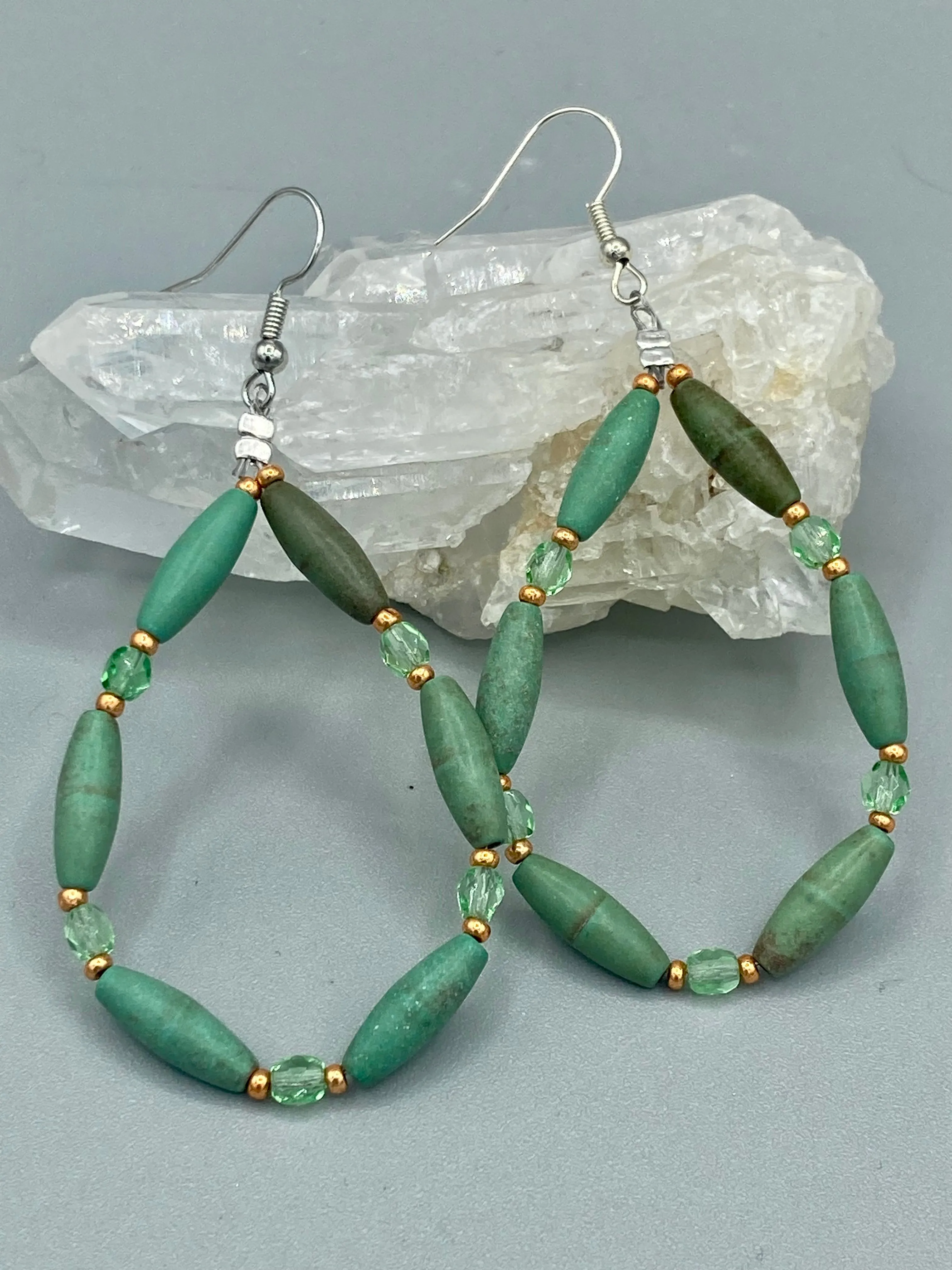 Large Trapezoid Shaped Green Aventurine Stone And Mint Color Melon Beaded Necklace, Hippie Lovers Genuine Stone, Bohemian