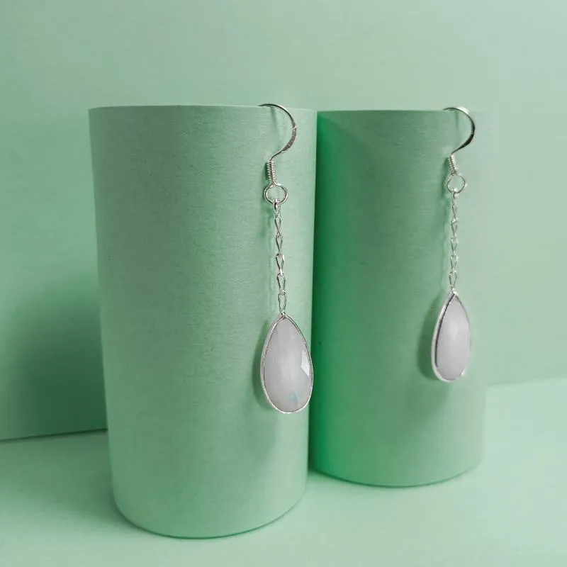Long Pear Drop Earrings with white Quartz stone