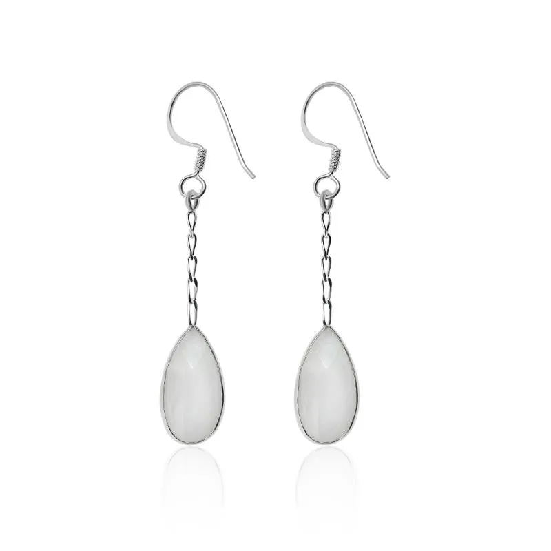 Long Pear Drop Earrings with white Quartz stone