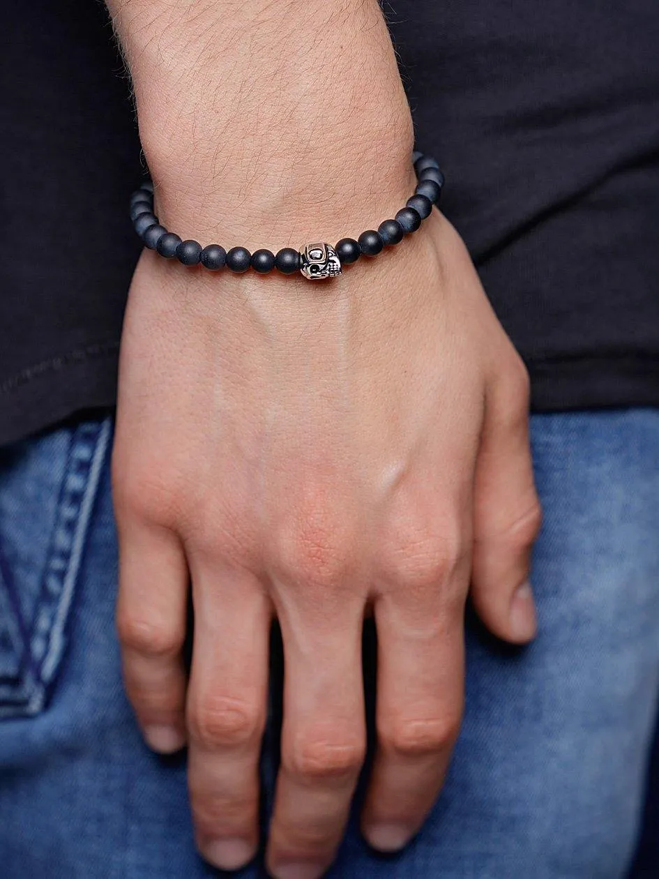 Men's Wristband with Matte Onyx and Silver Skull