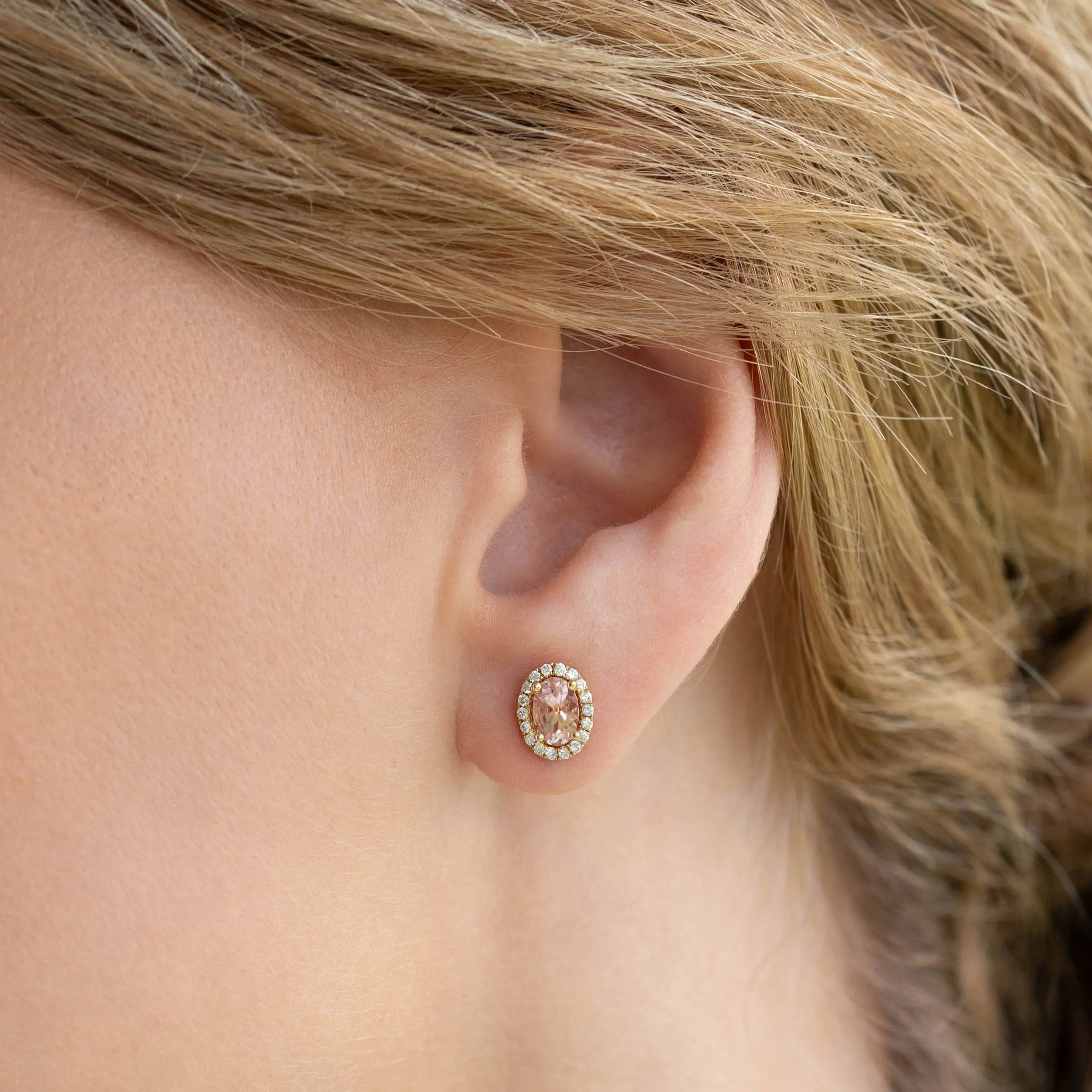 Morganite Halo Stud Earrings 14k Gold - Marzia