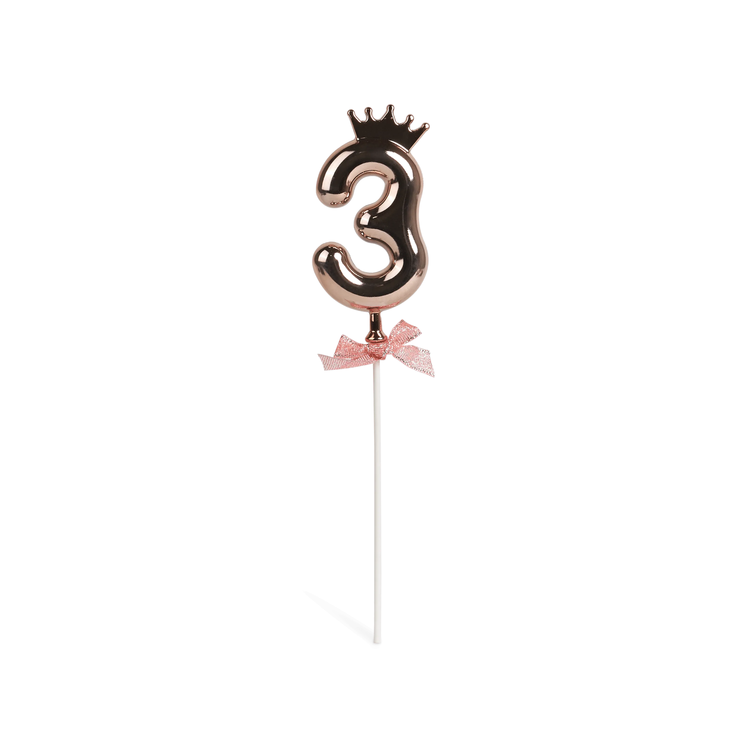 Number 3 on a stick with a rose gold crown