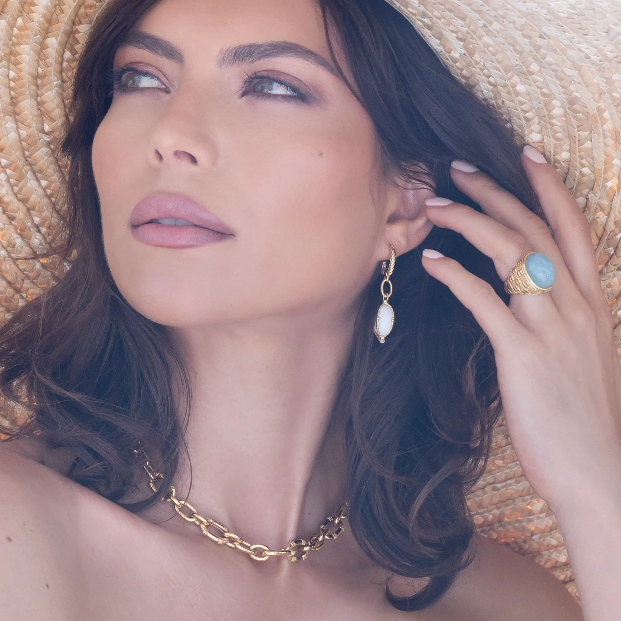 Ocean Reef Drop Hoop Earrings with White Agate in 18K Gold Vermeil