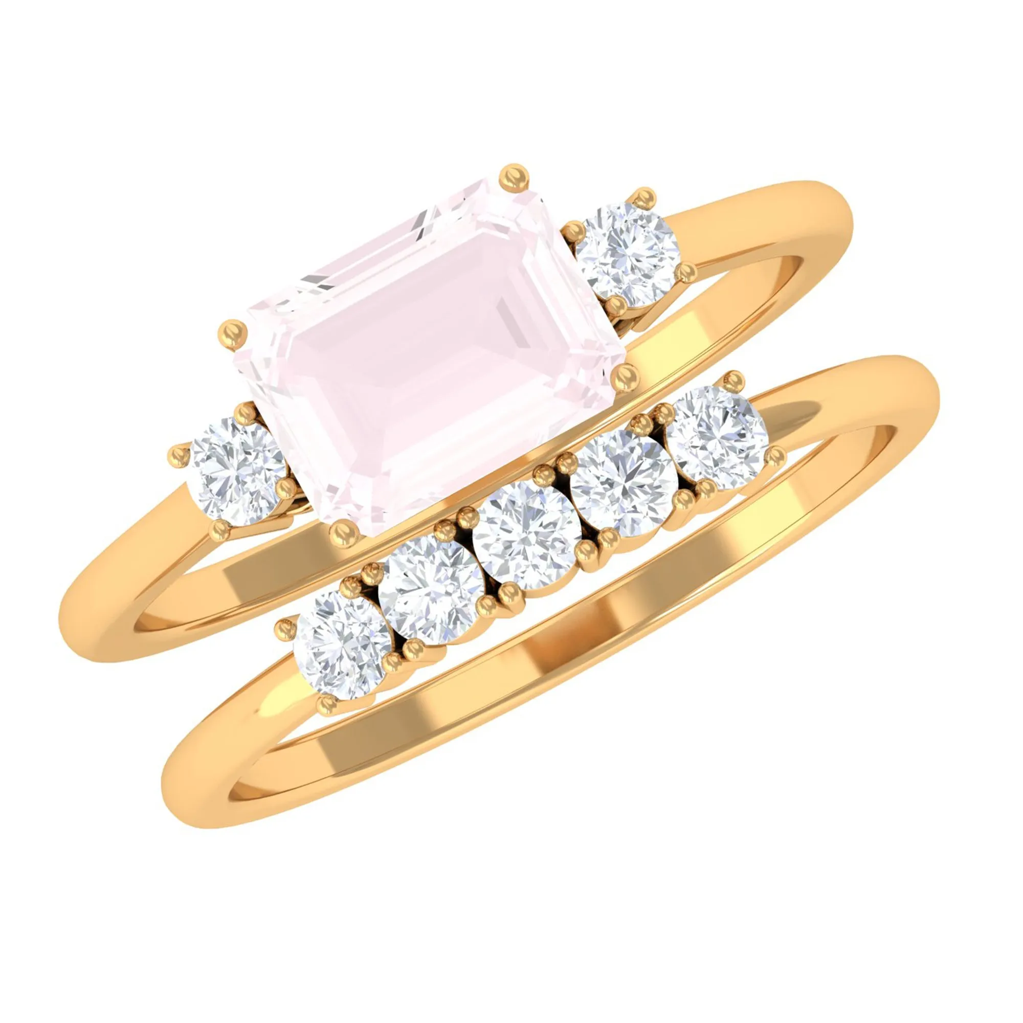 Octagon Cut Rose Quartz Contemporary Wedding Ring Set with Diamond