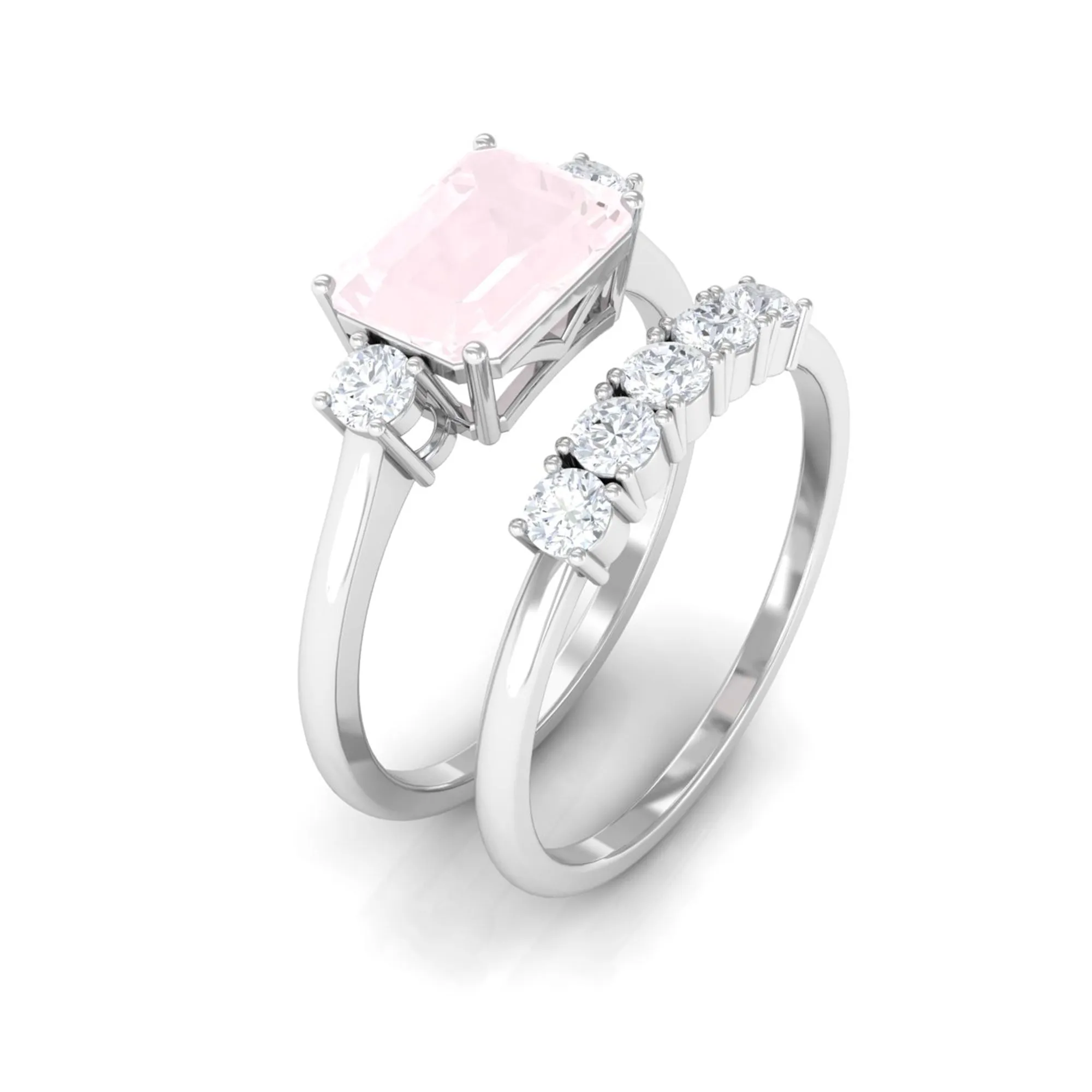 Octagon Cut Rose Quartz Contemporary Wedding Ring Set with Diamond
