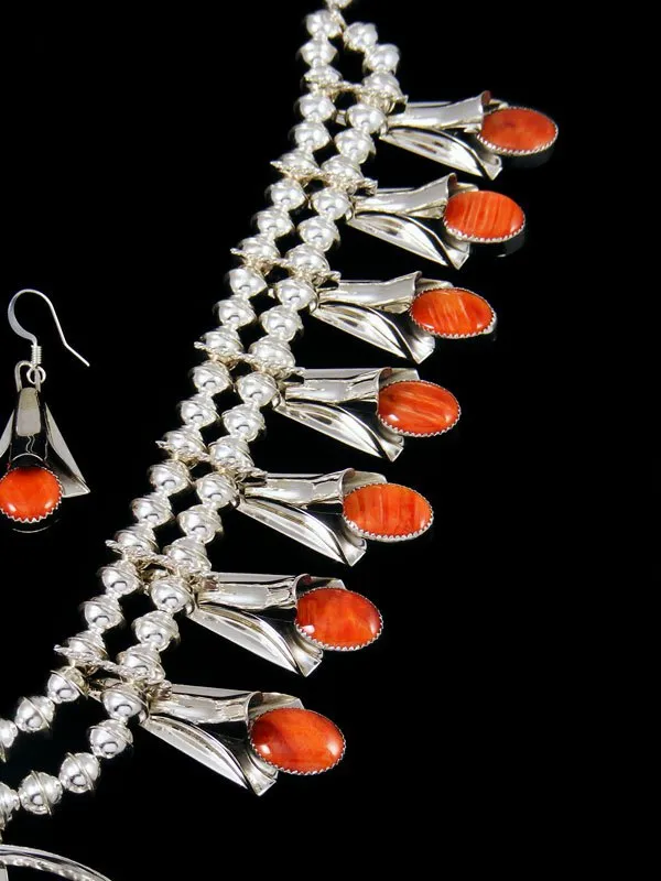 Orange Spiny Oyster Sterling Silver Squash Blossom Necklace Set