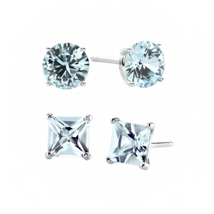 Paris Jewelry 18k White Gold 2 Pair Created Aquamarine 6mm Round & Princess Cut Stud Earrings Plated