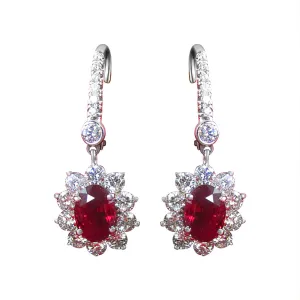 Platinum Ruby and Diamond Halo Drop Earrings