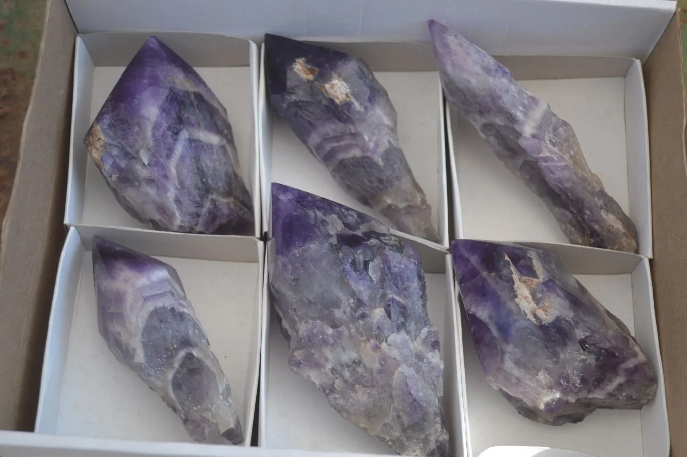 Polished "Witches Hat" Chevron Amethyst Crystals x 6 From Zambia