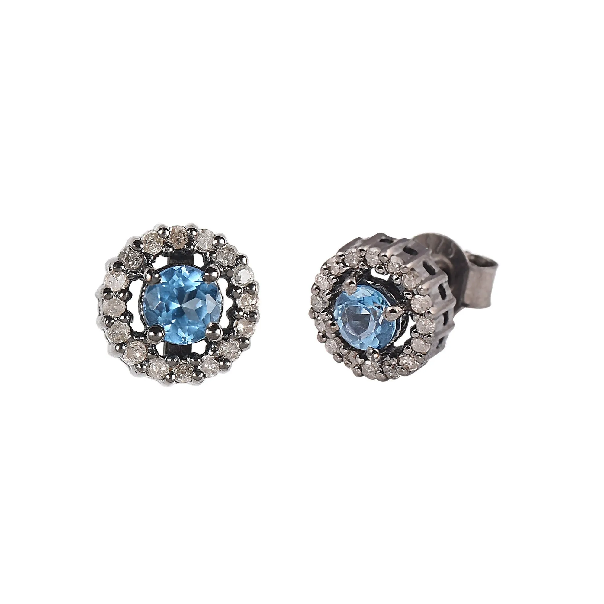 Silver Blue Topaz Diamond Halo Earrings