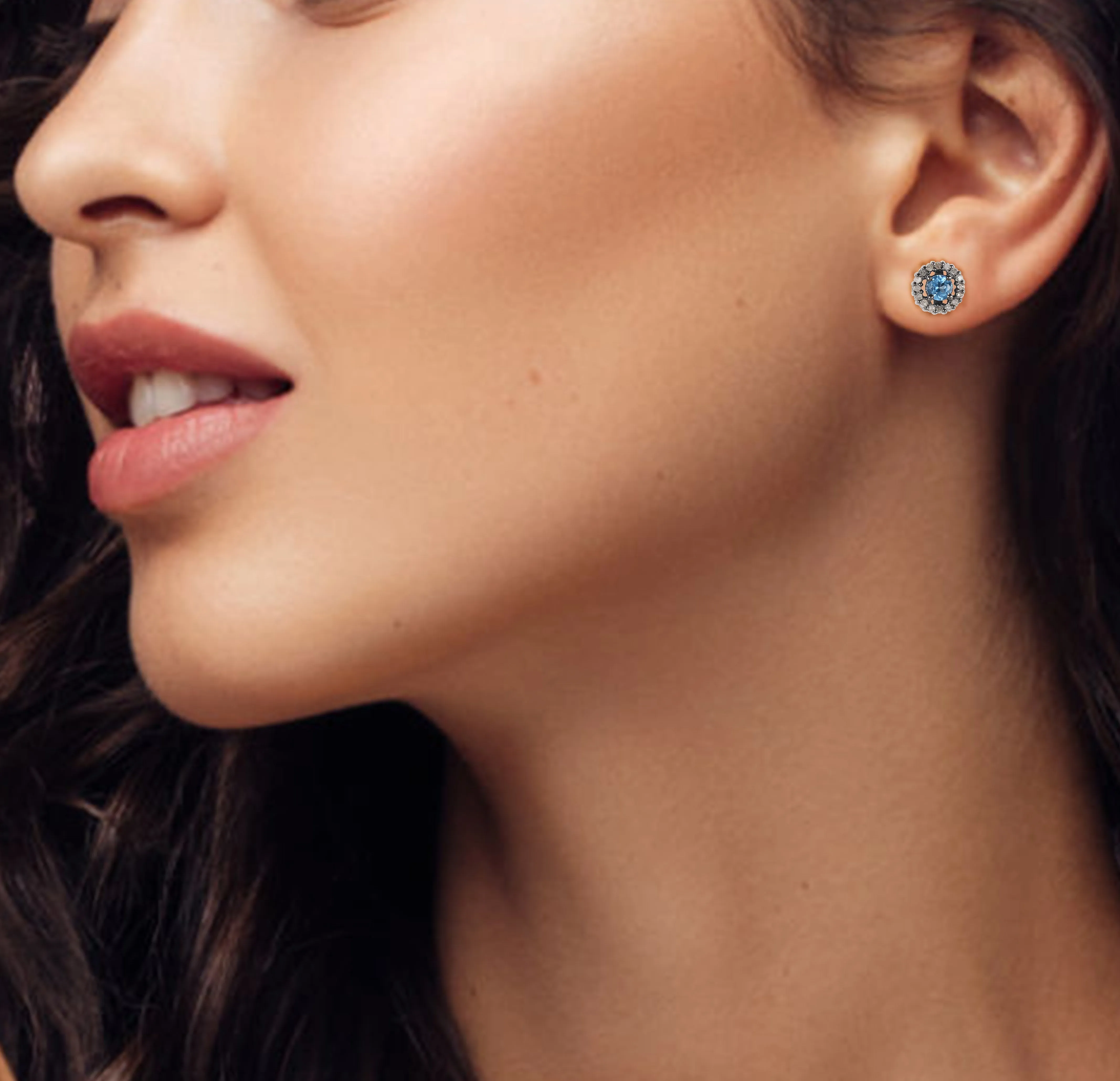 Silver Blue Topaz Diamond Halo Earrings