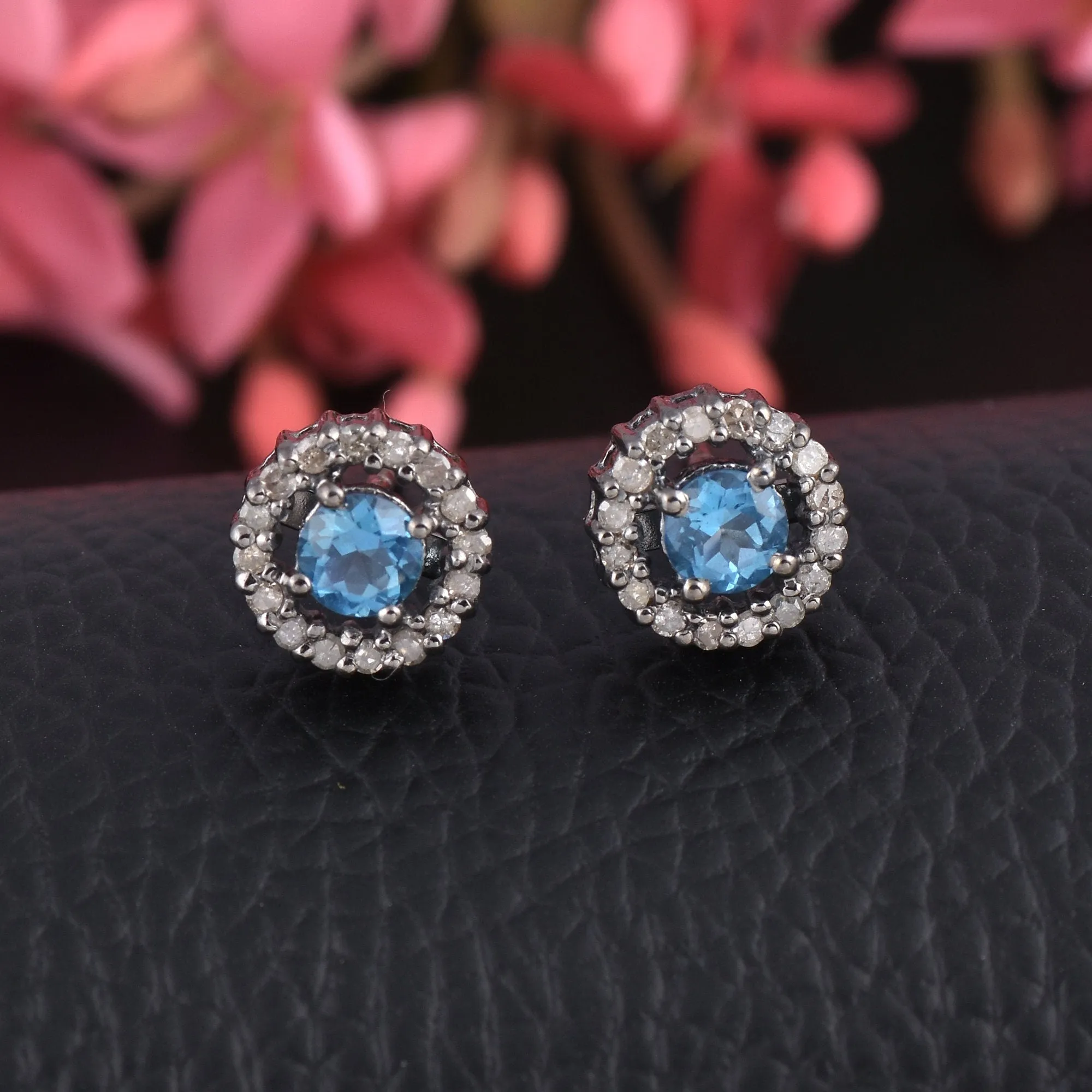 Silver Blue Topaz Diamond Halo Earrings