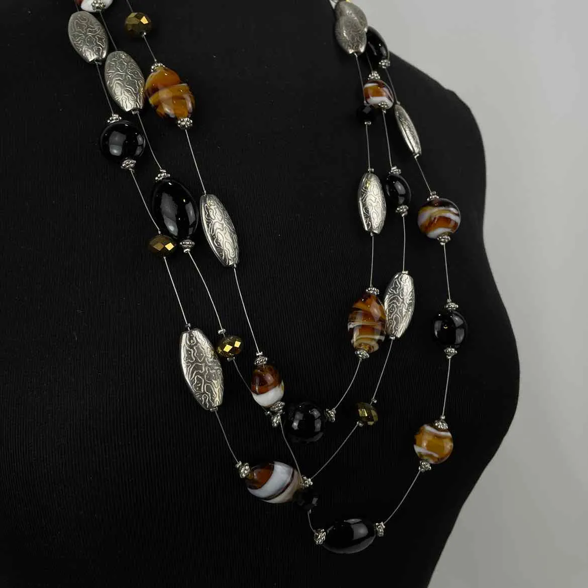Silver/Brown/Black Beaded multi strand Necklace