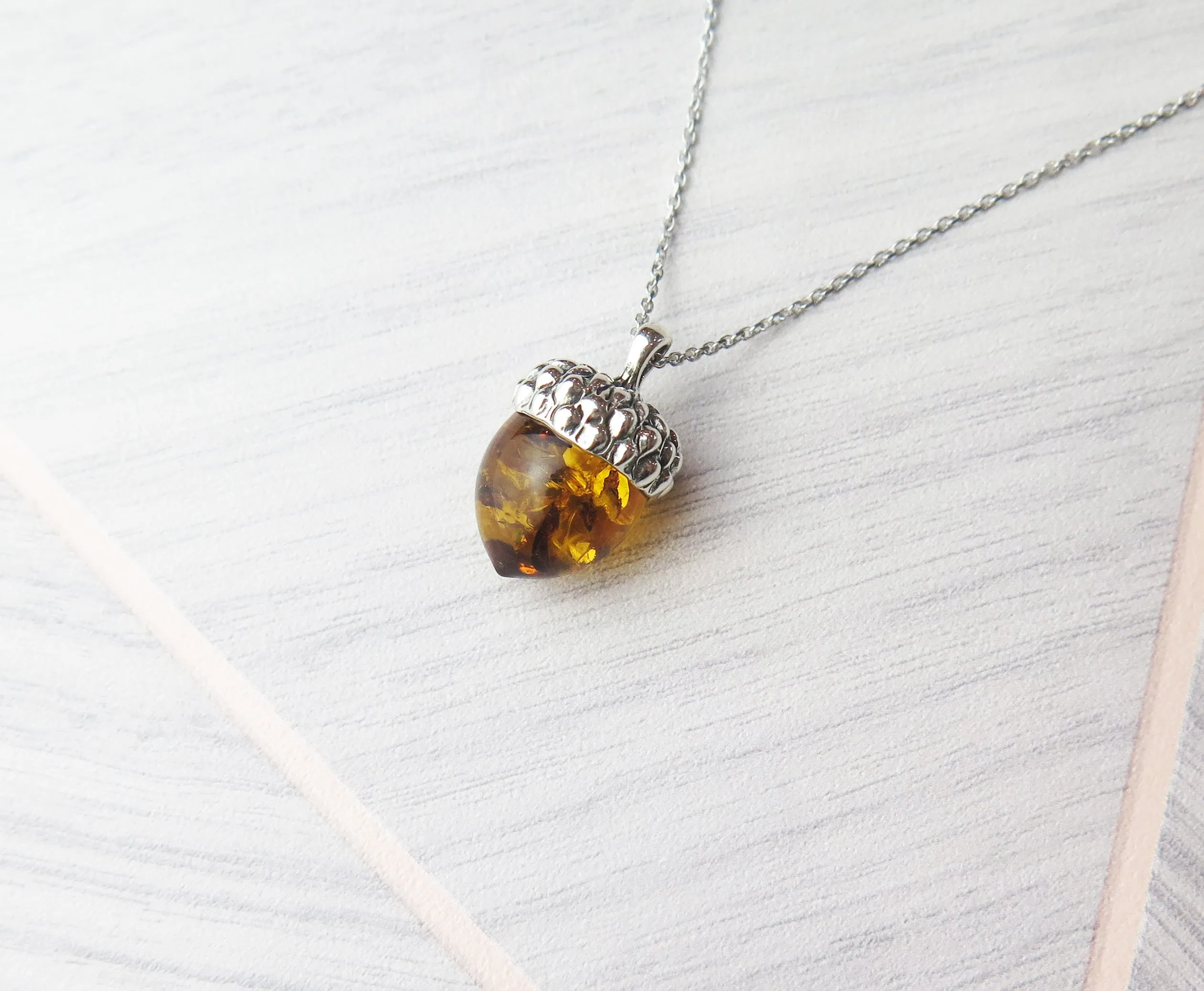 Solid 925 Sterling Silver Real Genuine Cognac Amber Lucky Acorn Pendant Necklace