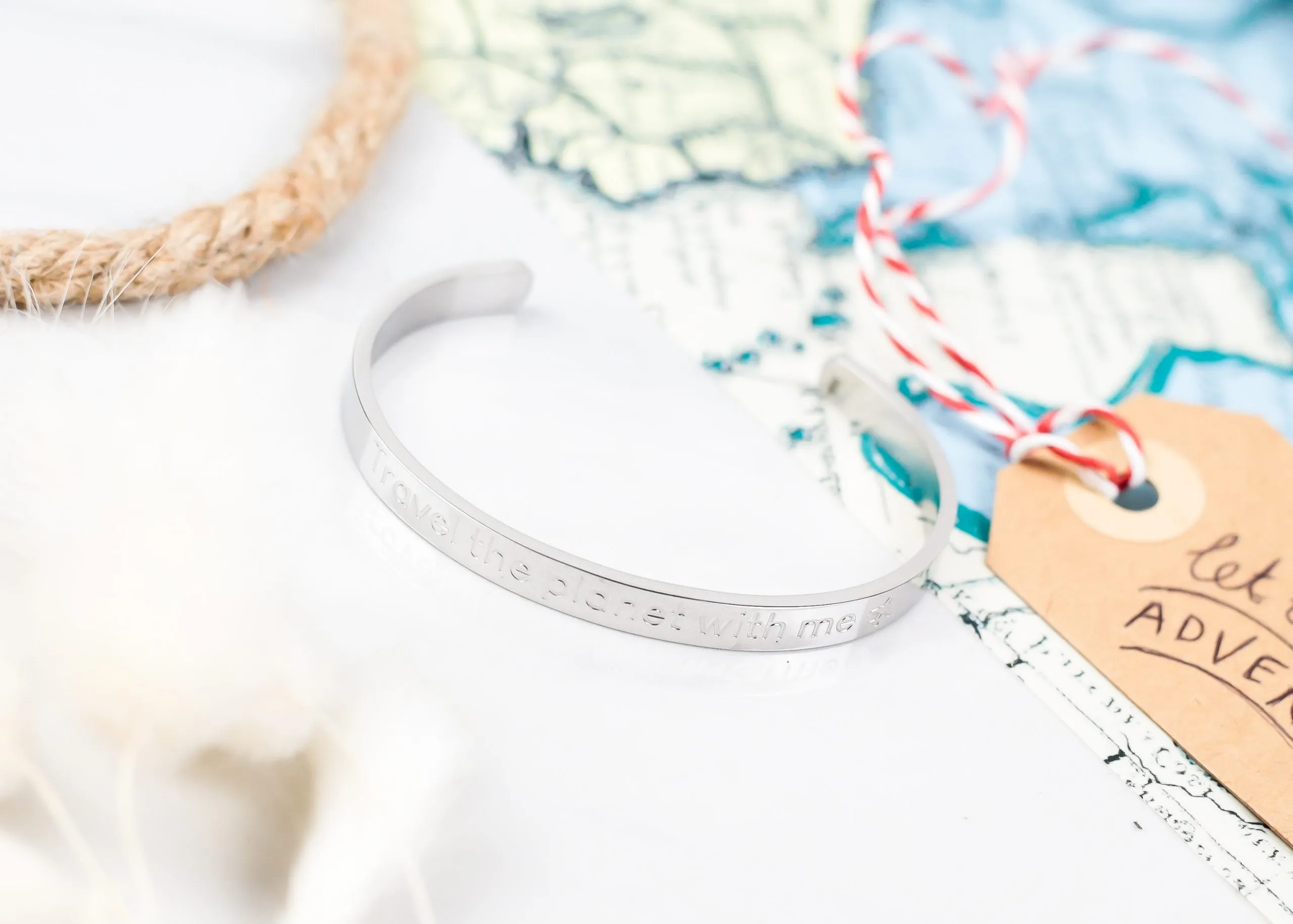 Travel the Planet with Me: Stainless Steel Bracelet with Engraved Message for Travel Enthusiasts