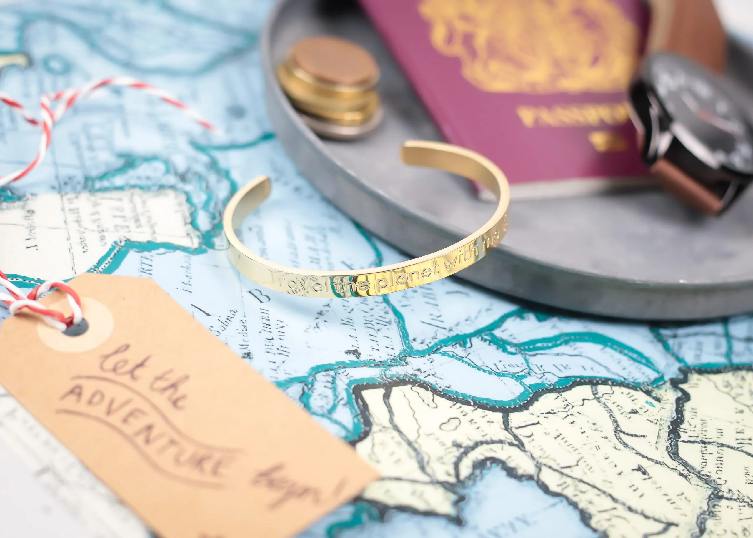 Travel the Planet with Me: Stainless Steel Bracelet with Engraved Message for Travel Enthusiasts