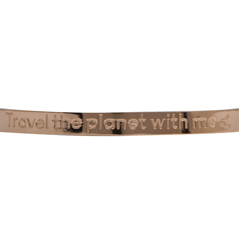 Travel the Planet with Me: Stainless Steel Bracelet with Engraved Message for Travel Enthusiasts
